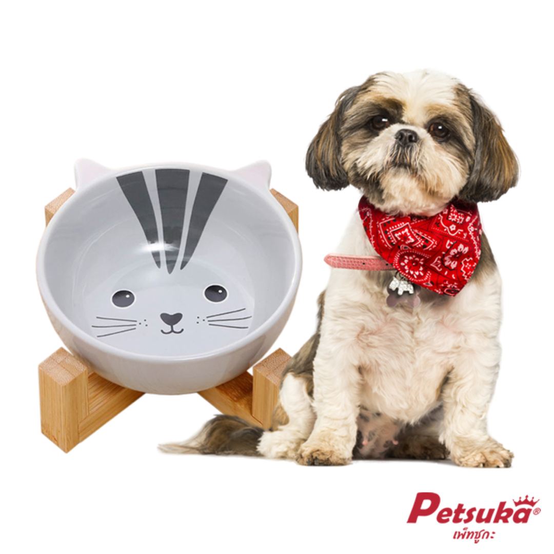 ชามเซรามิกสัตว์เลี้ยง Petsuka พร้อมฐานรองสไตล์ญี่ปุ่น สำหรับสุนัขและแมว รูปแมว