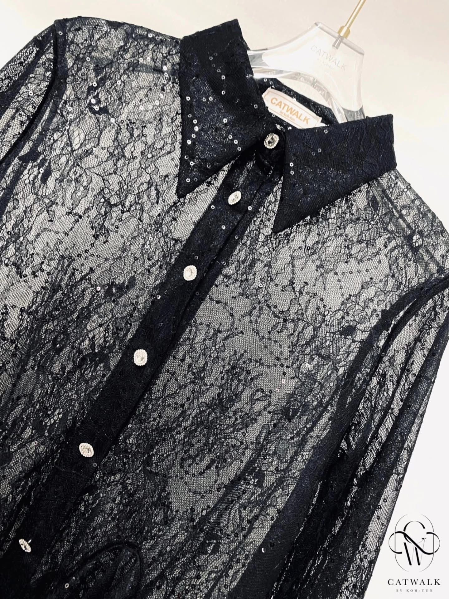 เสื้อเชิ้ตเทหลังผ้าลูกไม้ซีทรูปักแต่งเลื่อม เนื้อผ้าลูกไม้ซีทรูเกรดเอ ใส่สบาย : สินค้าคุณภาพ (พร้อมส่ง)