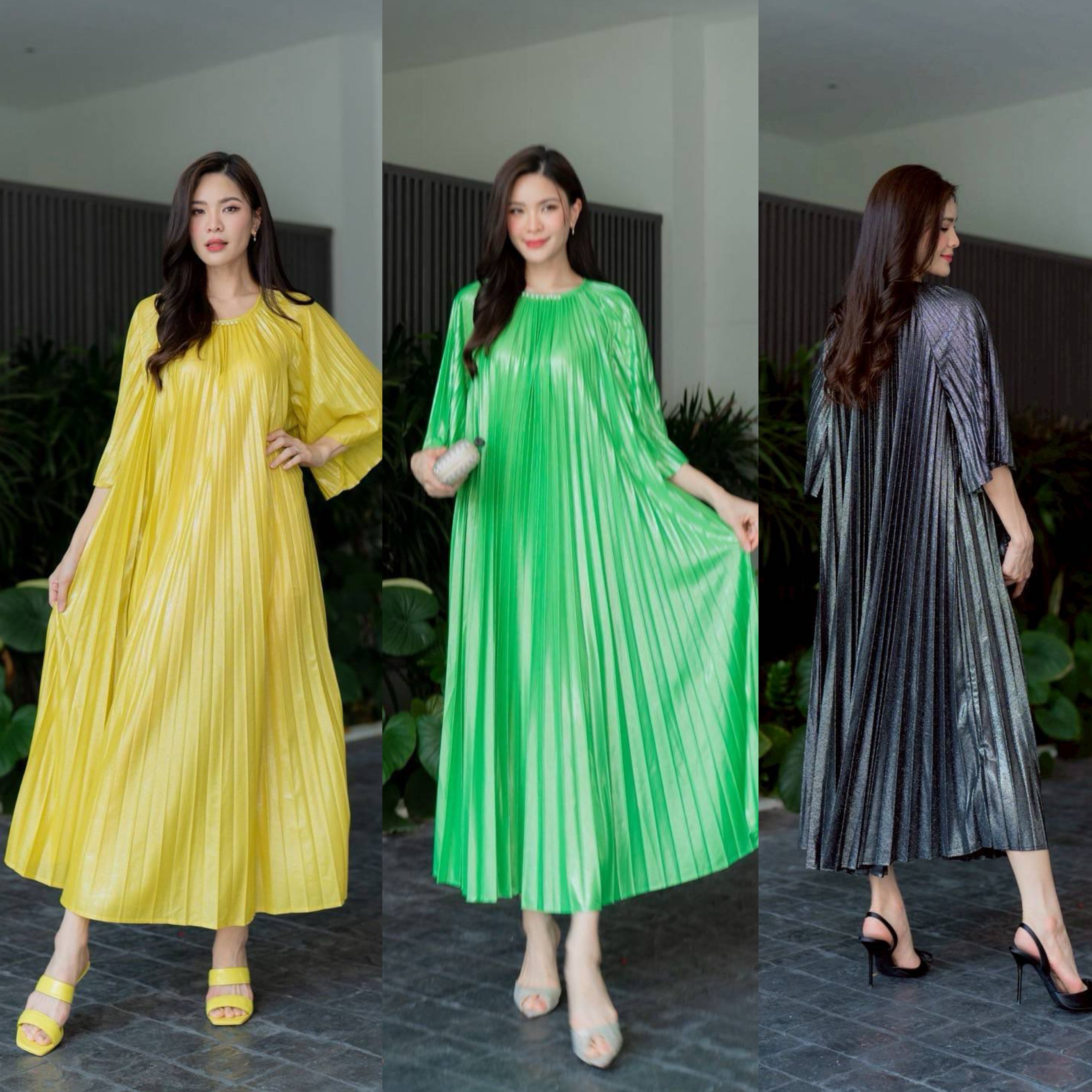 ชุดเดรสตัวยาว ทรงคอกลม แขน 4 ส่วน ใส่หลวมๆ สบายๆ แบบพริ้วๆ ความยาว 💘 กำลังดีงาม อัดพลีทเนื้อแน่น AA Premium ผ้าเมทาลิคเนื้อดี สีเหลือบทอง วิบวับ ใส่สบาย : สินค้าคุณภาพ (พร้อมส่ง)