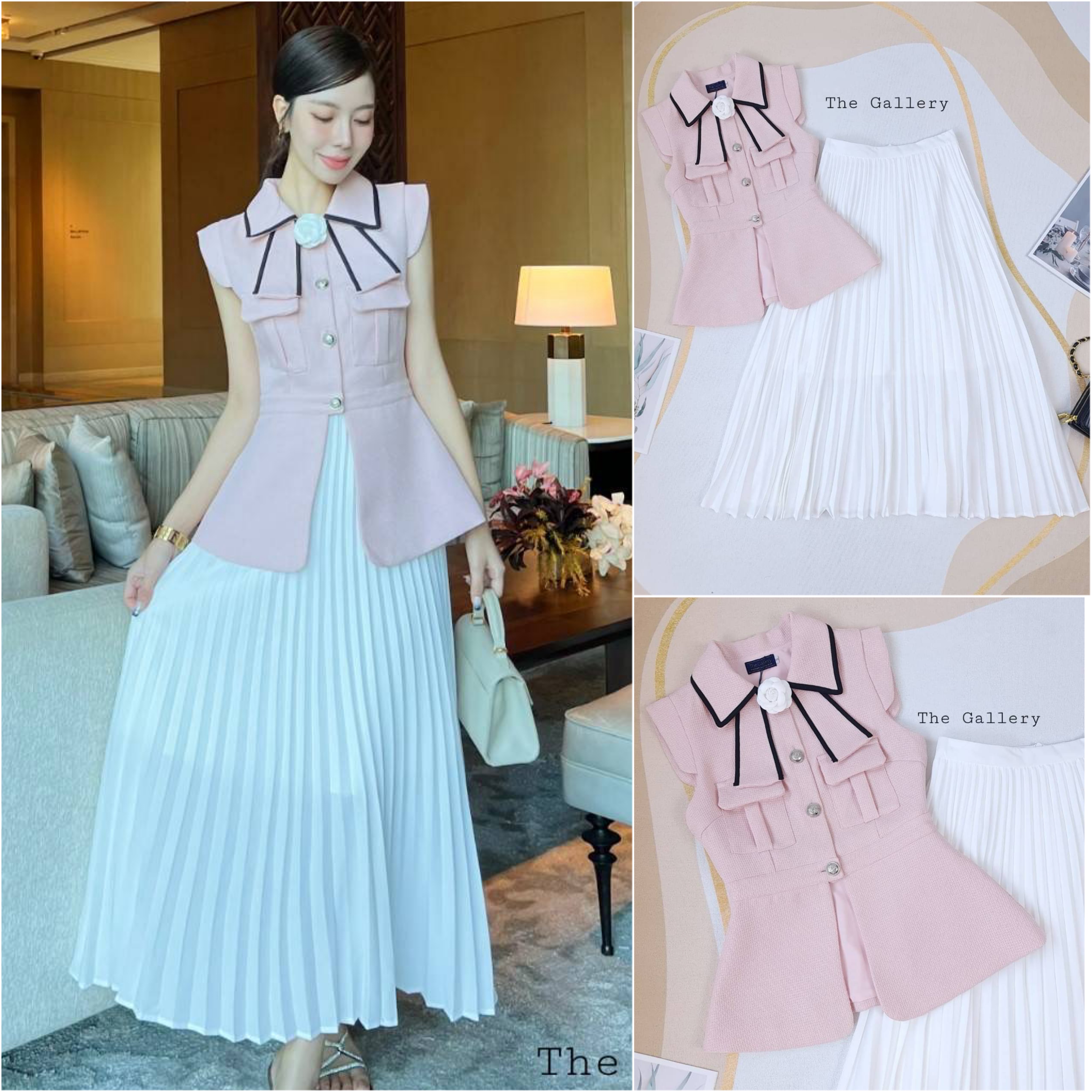 เซ็ต3ชิ้นเสื้อและกระโปรงอัดพลีต+เข็มกลัดดอกไม้เข้าชุด มาพร้อมซับในทั้งเสื้อและกระโปรง สินค้าคุณภาพ (พร้อมส่ง)