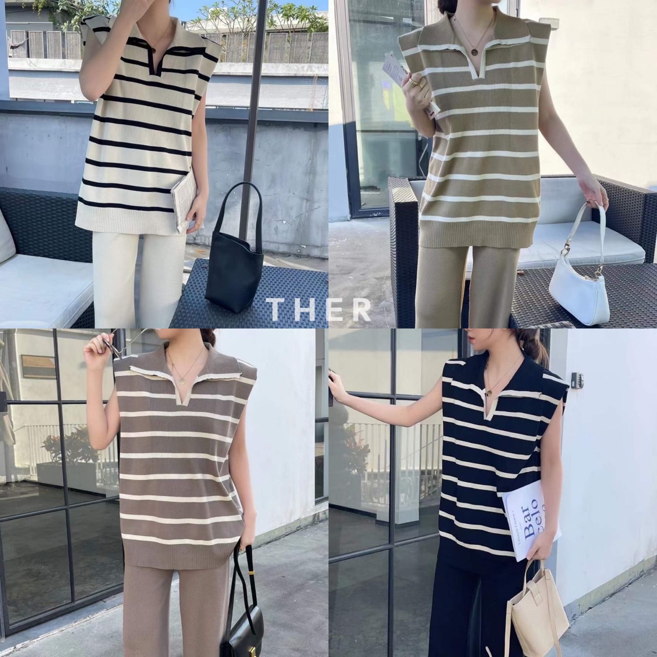 ชุดSet เสื้อไหมพรมแต่งคอปก ลายทาง มาพร้อมกางเกงขายาวทรงปล่อย สามารถ ใส่แยกได้ด้วยน้า ใช้ผ้าเนื้อดี ใส่สบาย : สินค้าคุณภาพ (พร้อมส่ง)