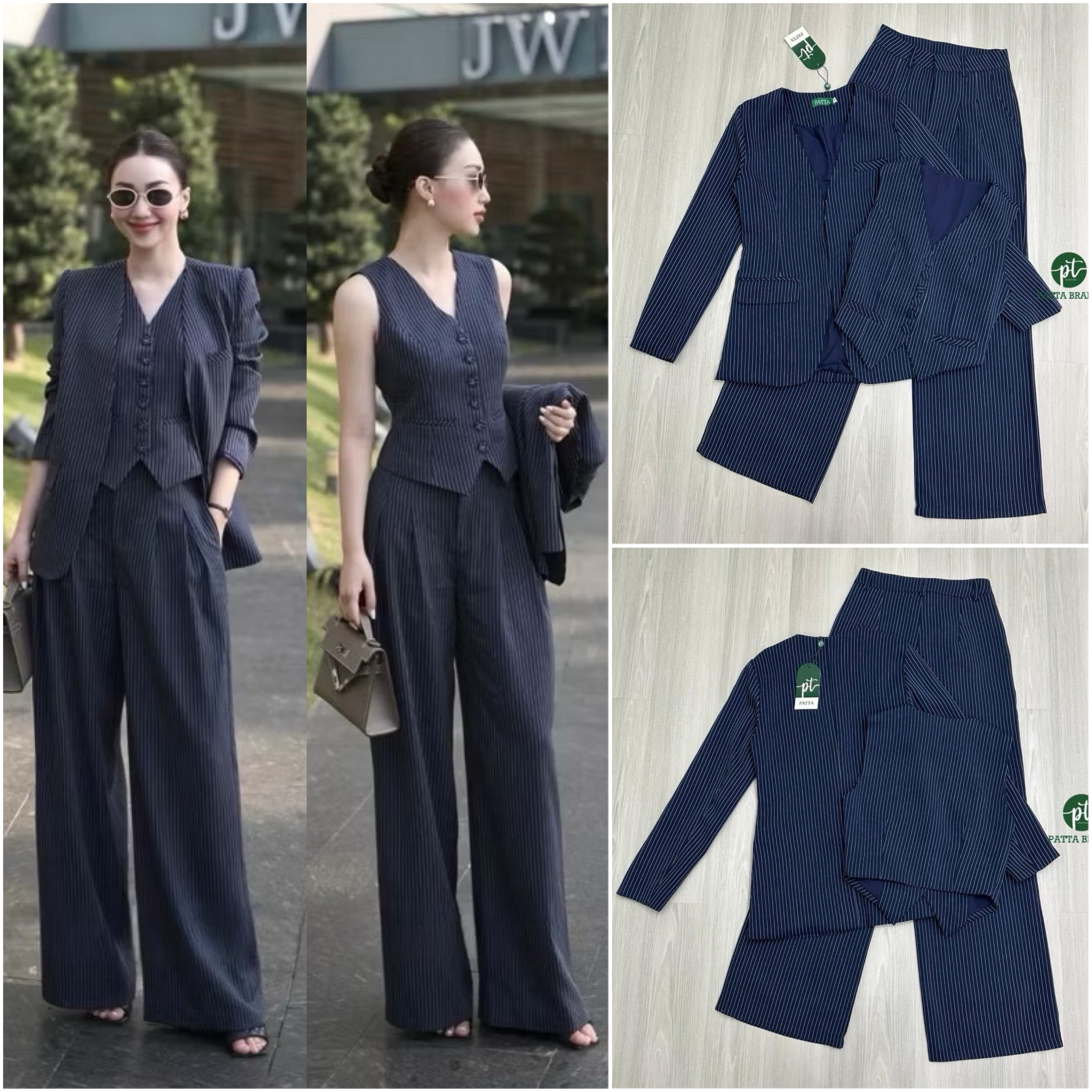 Set3ชิ้น สีกรมลายทาง เสื้อคลุมสูทแขนยาว(ไม่มีกระดุม) มีกระเป๋าใช้งานได้จริง มาพร้อมเสื้อแขนกุดตัวในมีกระดุมเรียงยาว ใส่แม๊ทช์คู่กันลงตัวมากๆ และมาคู่กางเกงขายาวทรงกระบอกทรงสวย มีตะขอซิปหน้าและมีกระเป๋า2ข้างเก๋ๆ เย็บซับในอย่างดี ใส่สบาย : สินค้าคุณภาพ (พร้