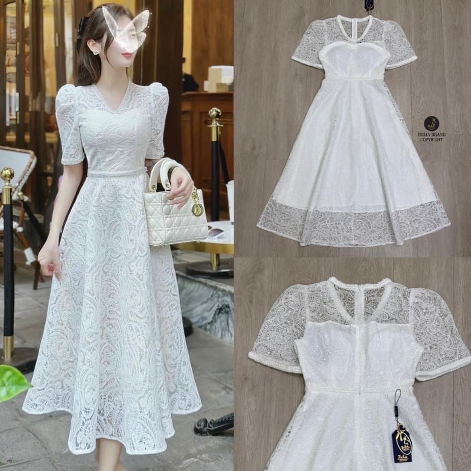 เดรสยาวลูกไม้ปักชีทรูสีขาว ใส่สบาย สินค้าคุณภาพ (พร้อมส่ง)