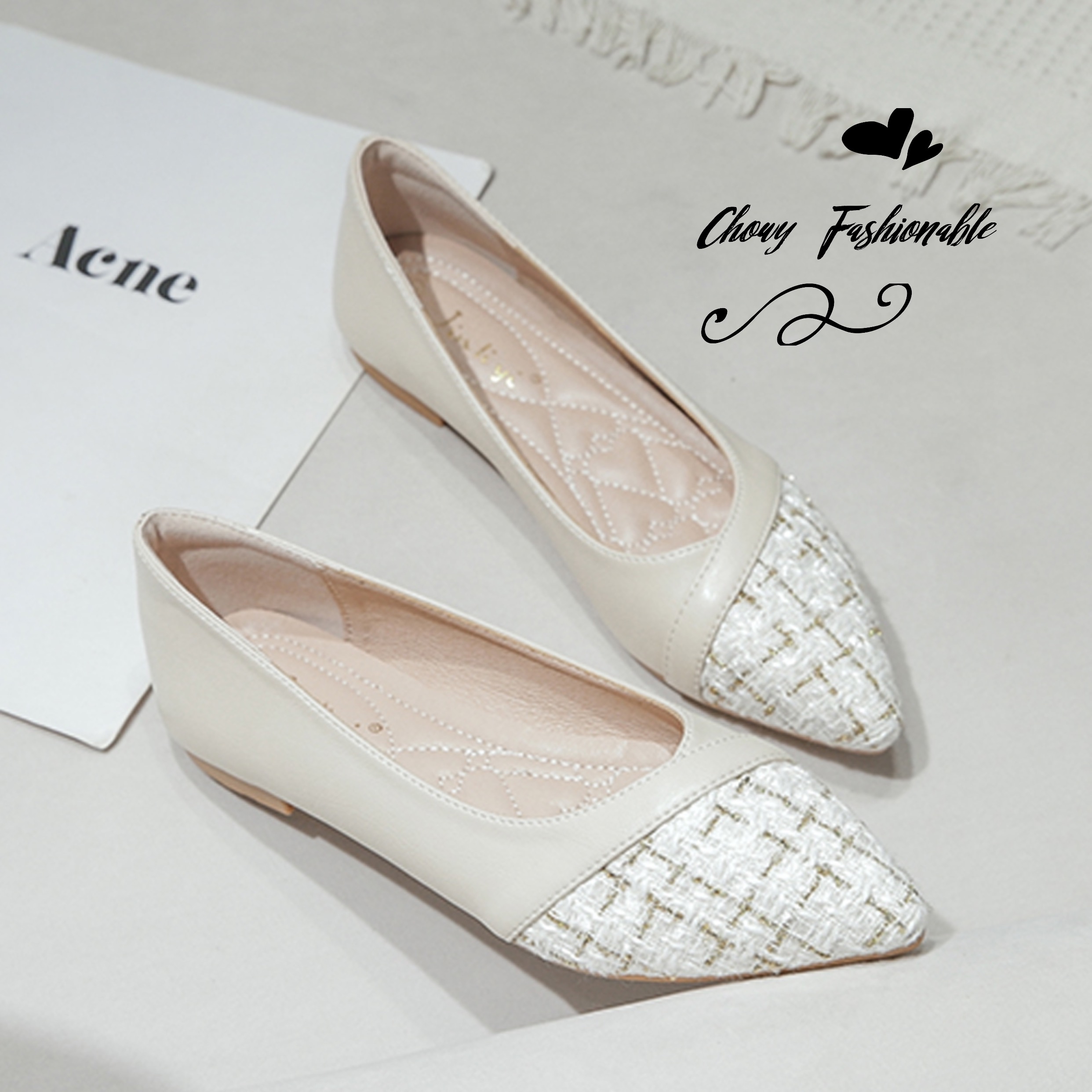 รองเท้าไซส์ใหญ่ 43 (42EU) 8.5US ส้นแบนไซส์ใหญ่ Across Tweed สีครีม KR1014BE