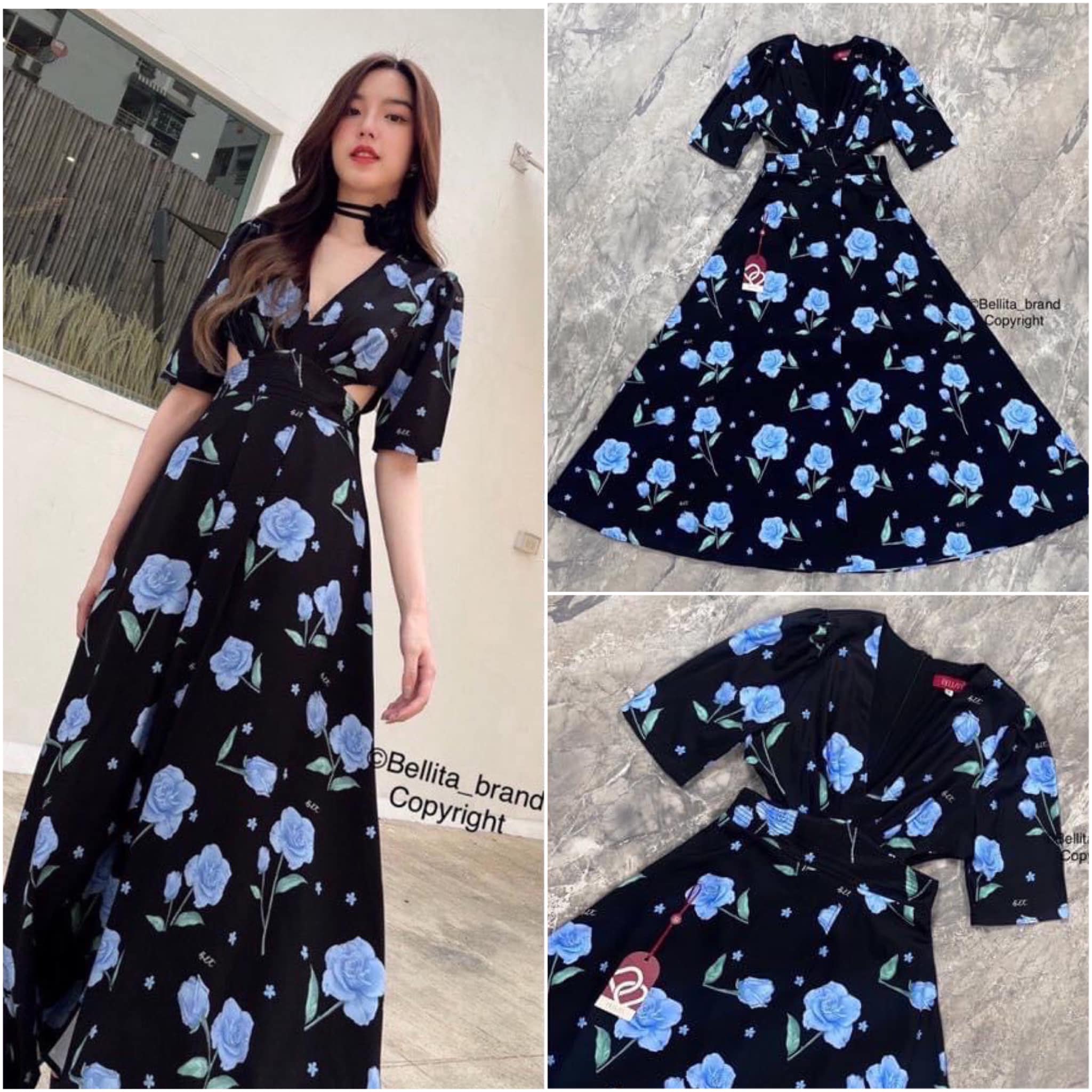 เดรสยาวสีดำลายดอกไม้ฟ้า สินค้าคุณภาพ (พร้อมส่ง)