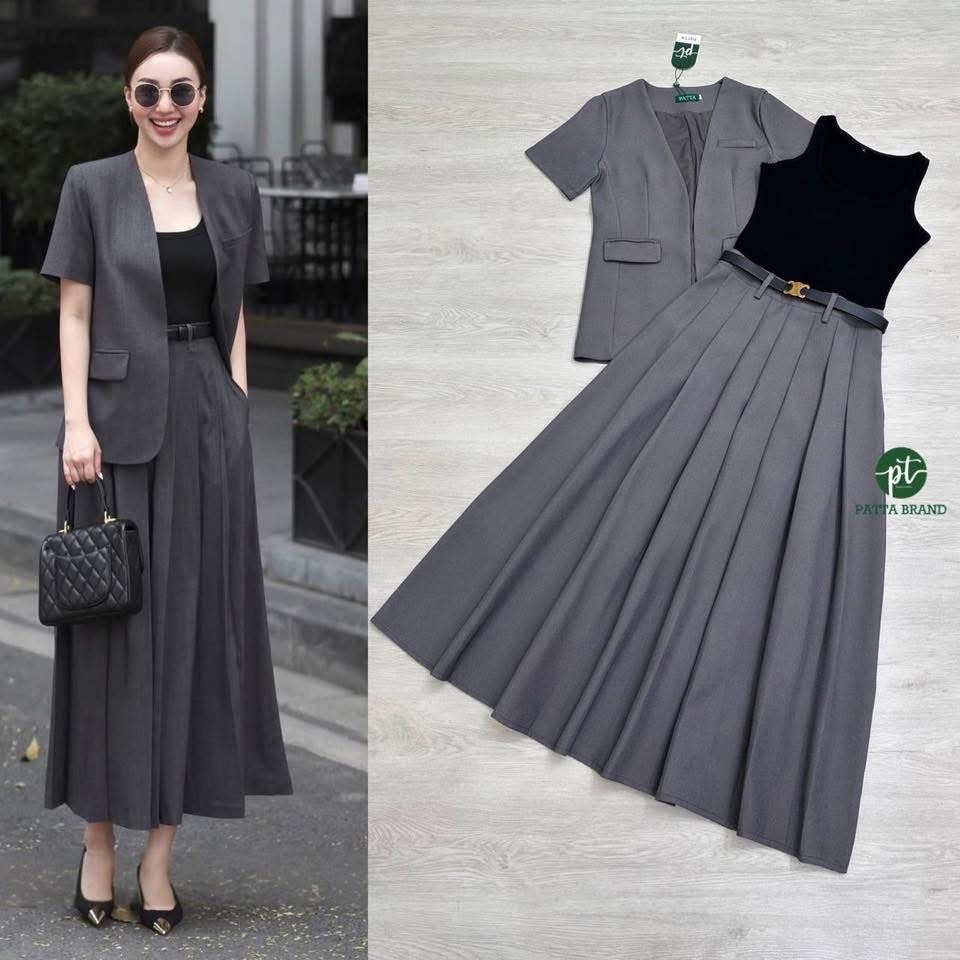 Set 4 ชิ้น เสื้อคลุมเบเซอร์แขนสั้น กระเป๋าหน้าใช้งานได้จริง มาคู่กับเสื้อยืดแขนกุดด้านใน แมทซ์กับกระโปรงยาว +เใส่ข็มขัด สบาย : สินค้าคุณภาพ (พร้อมส่ง)