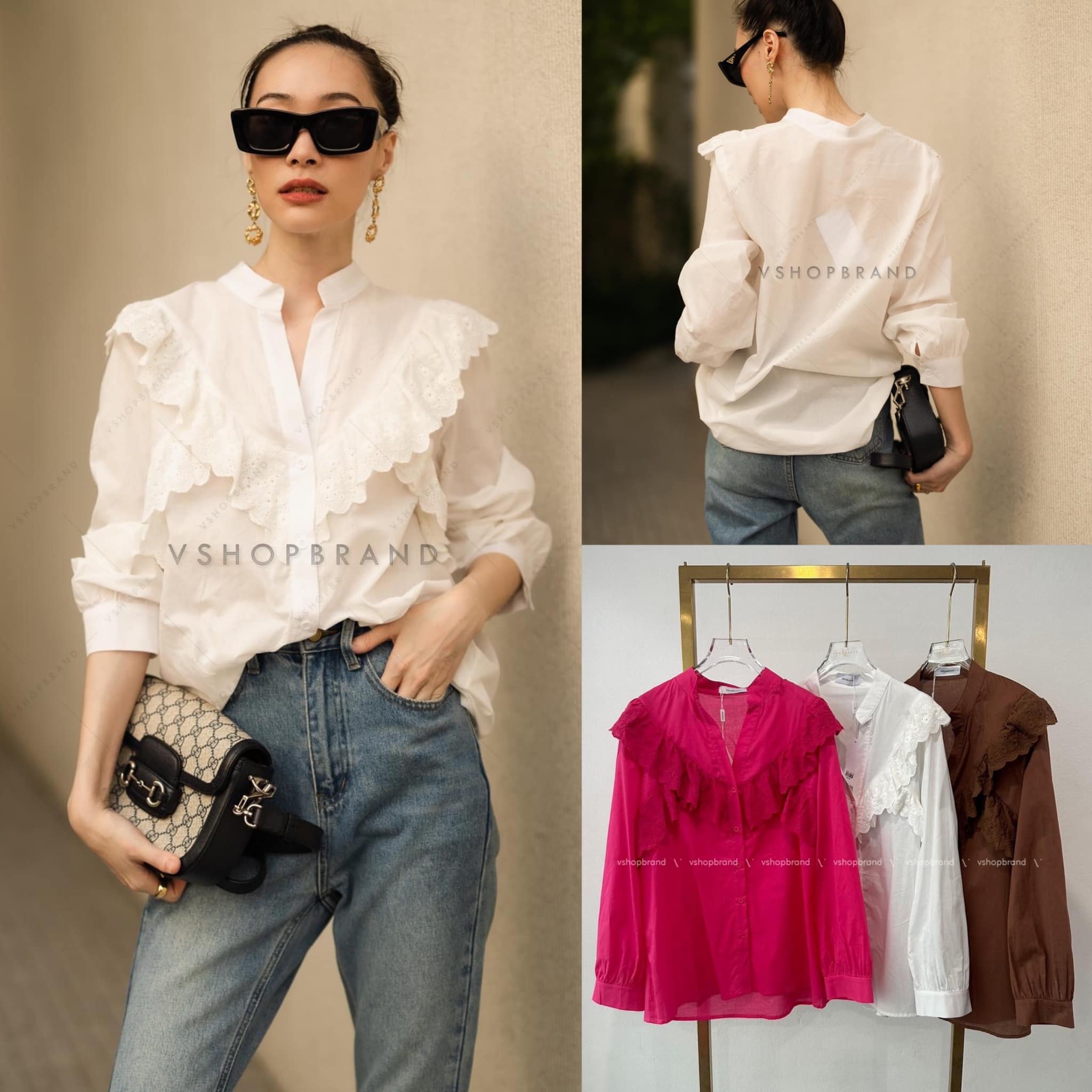 เชิ้ตคอจีน แต่งระบาย ลูกไม้หน้า : สินค้าคุณภาพ (พร้อมส่ง)