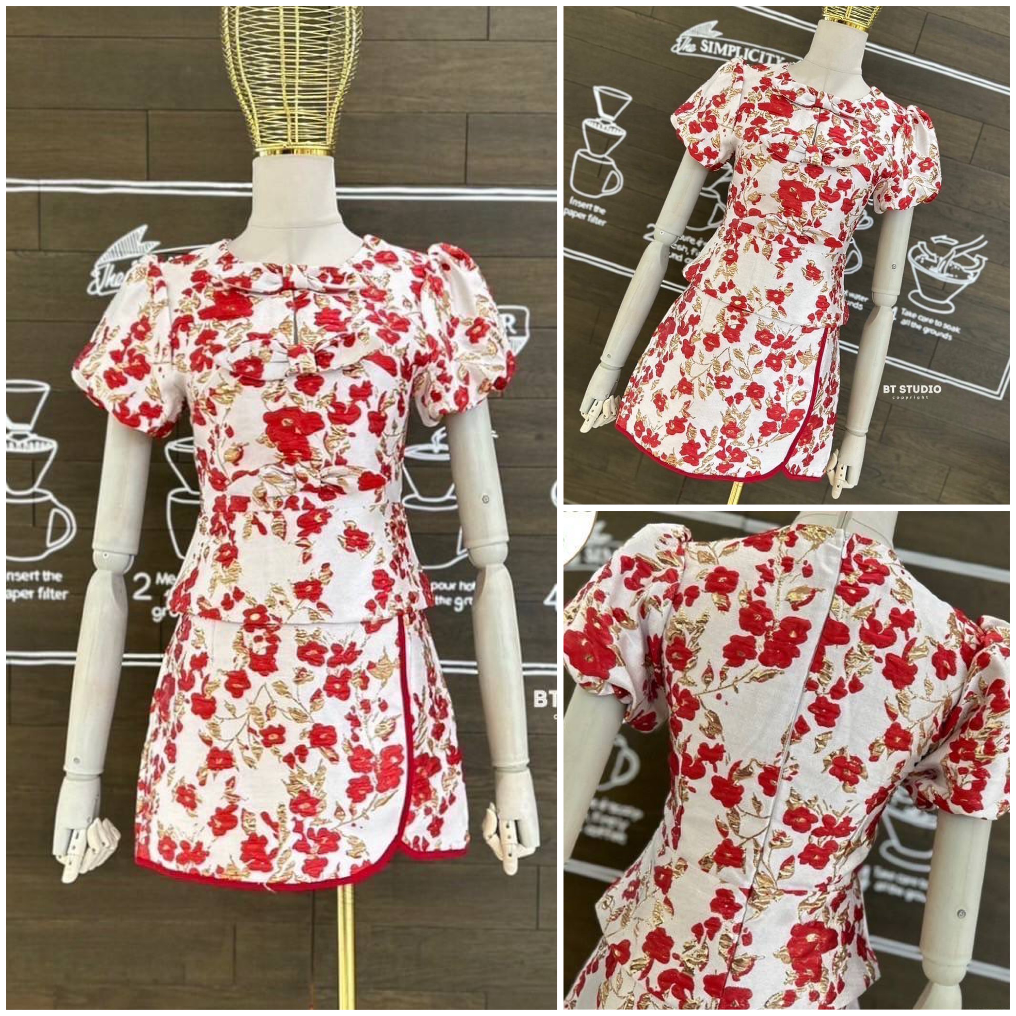 เซท 2 ชิ้น เสื้อแขนสั้นแต่งคอกลม แต่งโบเรียงกัน 3 ชั้น มาพร้อมกระโปรงสั้น แต่งขอบกุ้นสีแดง งานผ้าทอลายเนื้อผ้า ดี งานสวยม๊ากกก สินค้าคุณภาพ (พร้อมส่ง)