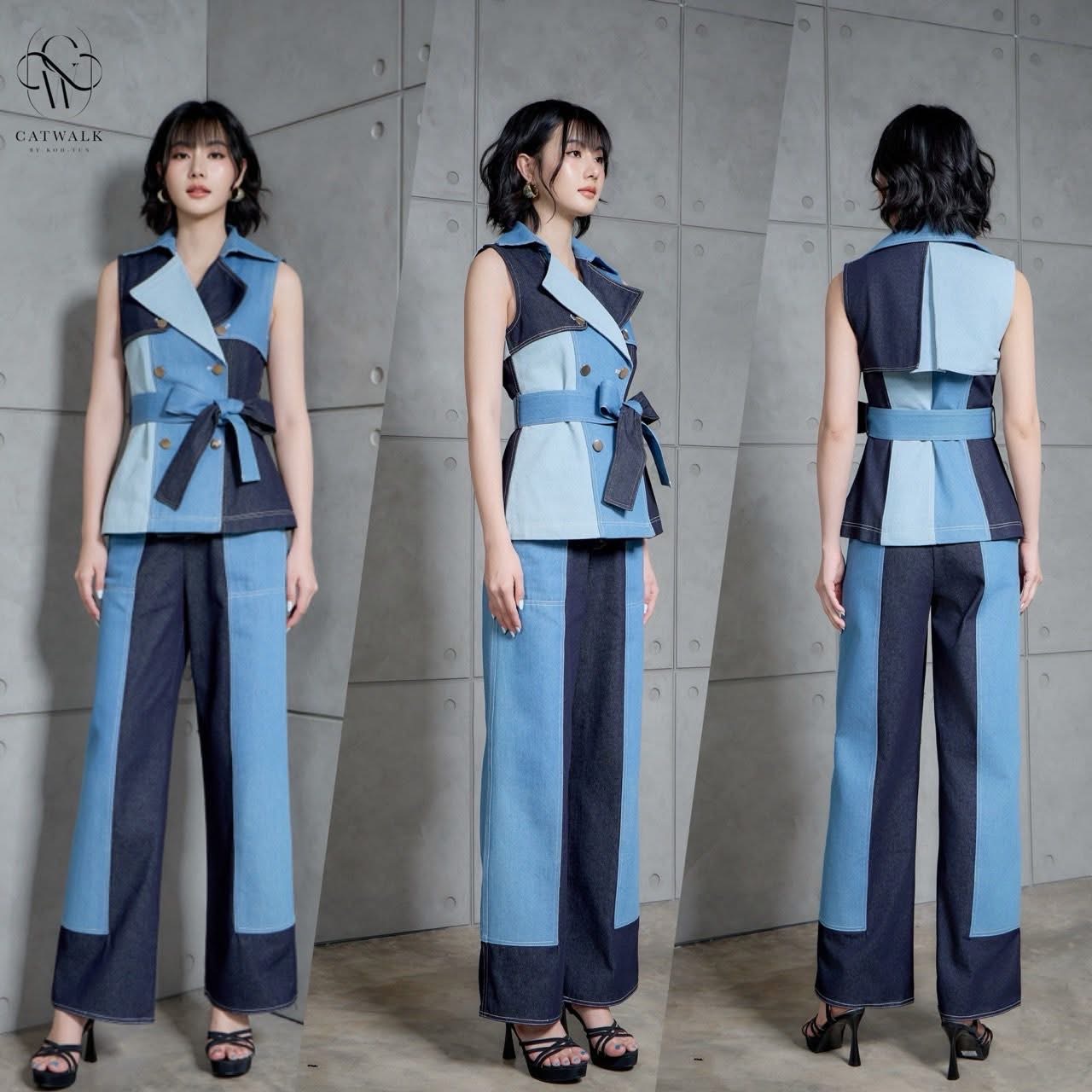 ชุดเซตยีนส์ 3 สี เนื้อผ้ายีนส์เกรดเอ ตัวเสื้อเป็นทรงกึ่งเข้ารูป ปกเทเล่อร์ แขนกุด มีเชือกผ้ายีนส์ช่วยผูกให้ดูเข้ารูปเป็นทรงมากขึ้น มาคู่กับกางเกงทรงขากระบอกเอวสูง ใส่สบาย : สินค้าคุณภาพ (พร้อมส่ง)