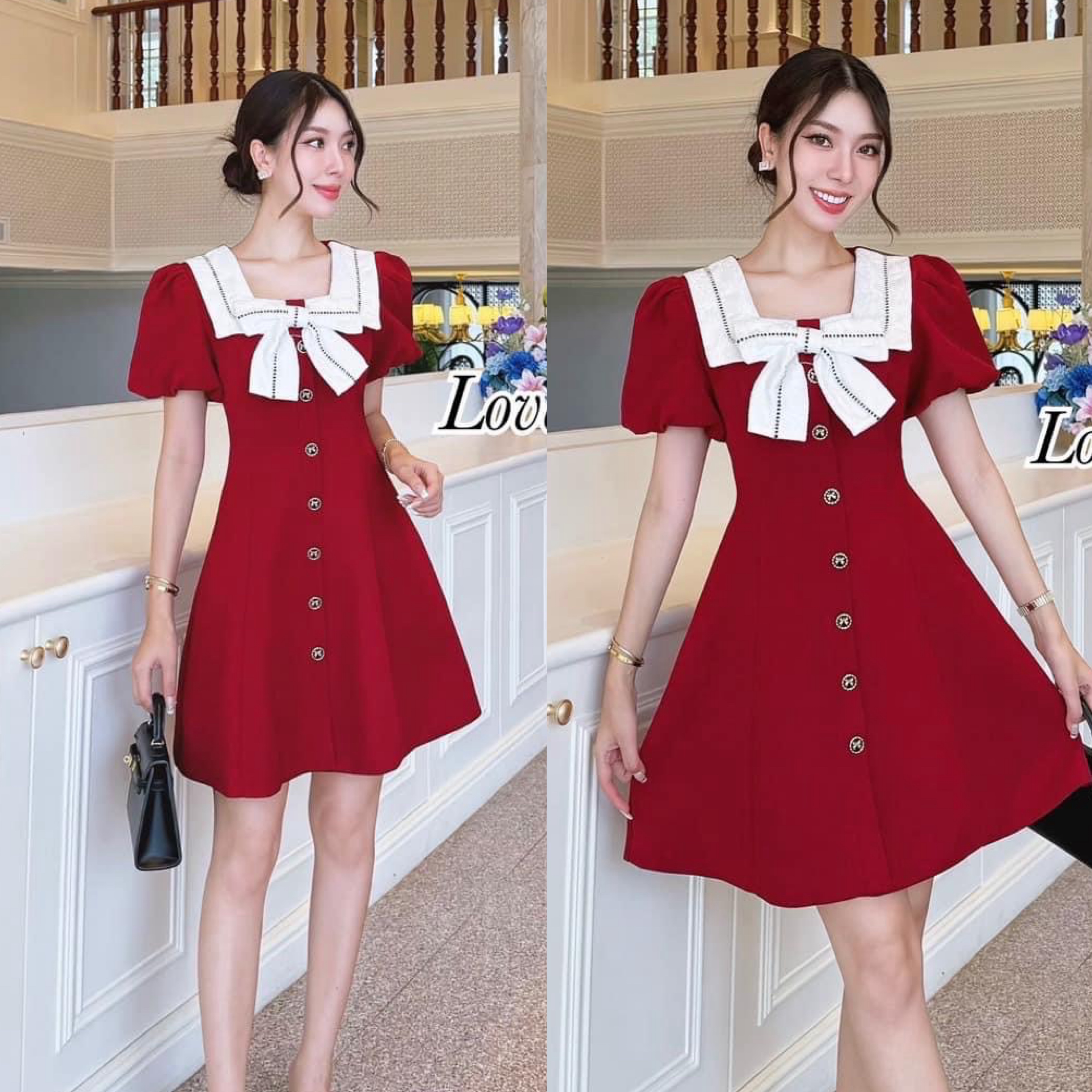 เดรสกระโปรง ลุคลูกคุณหนูทรงแขนตุ๊กตาน่ารัก แต่งปกโบว์ผ้าลูกไม้ ใส่สบาย : สินค้าคุณภาพ (พร้อมส่ง)