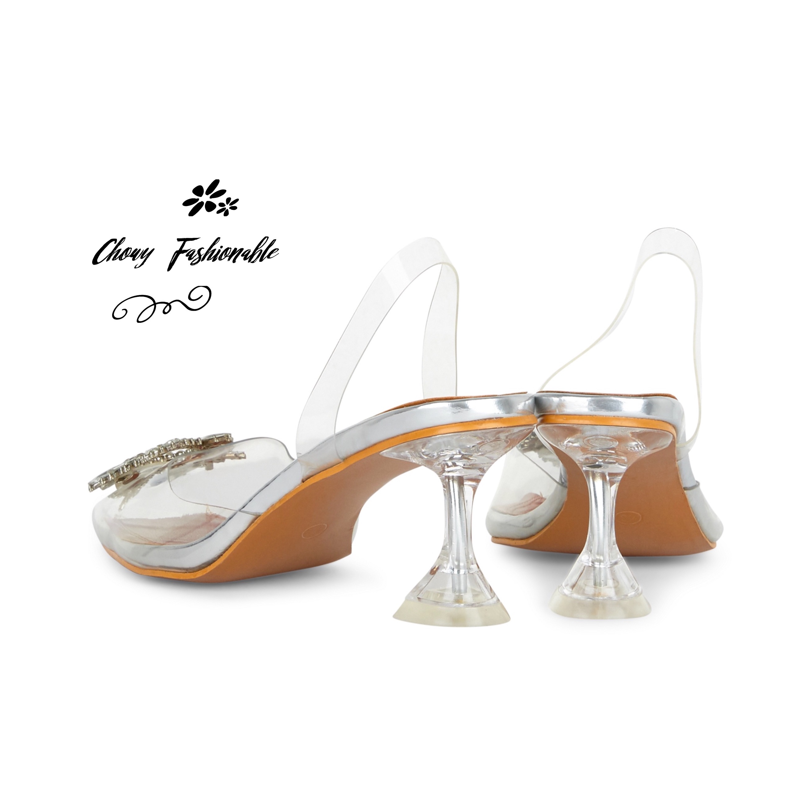 รองเท้าส้นแแก้วใส มีไซส์ใหญ่ 37-45 ทรงหัวแหลม รัดส้น สีใส KR1159