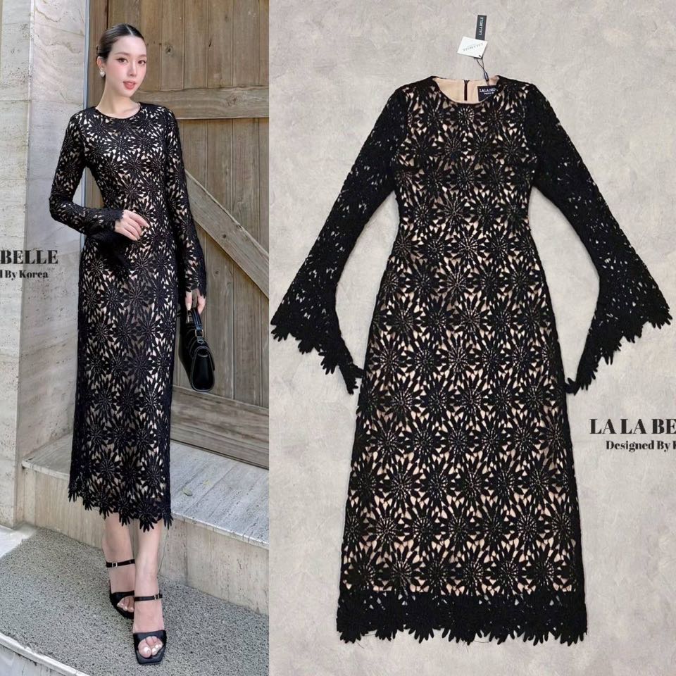 เดรสลูกไม้คอกลมแขนยาวซีทูปลายแขนระบายอกเอวเข้ารูปกระโปรงทรงเอยาวมีซับในสีเนื้อถึงปลายกระโปรงตัดเย็บด้วยผ้าลูกไม้ลายดอกไม้แน่น ใส่สบาย : สินค้าคุณภาพ (พร้อมส่ง)