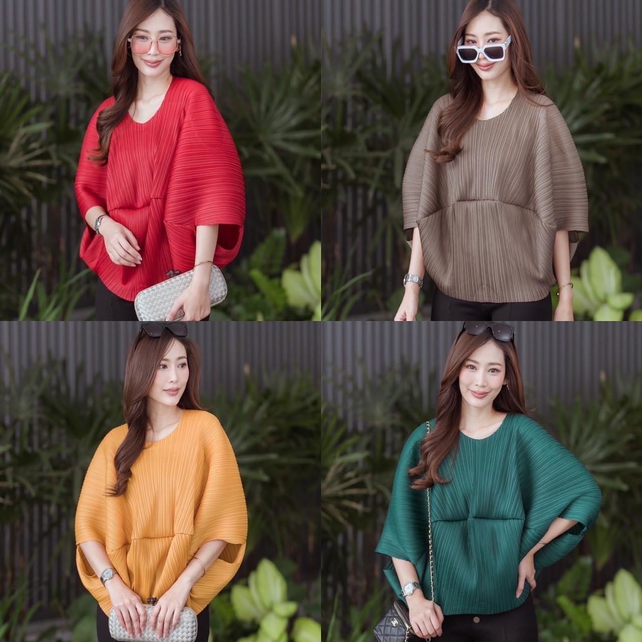 เสื้ออัดพลีทอย่างดี แบบงานแบรนด์ ดีไซด์ไหล่สโลป เย็บกลางลำตัว เป็นทรงวงกลม : สินค้าคุณภาพ (พร้อมส่ง)