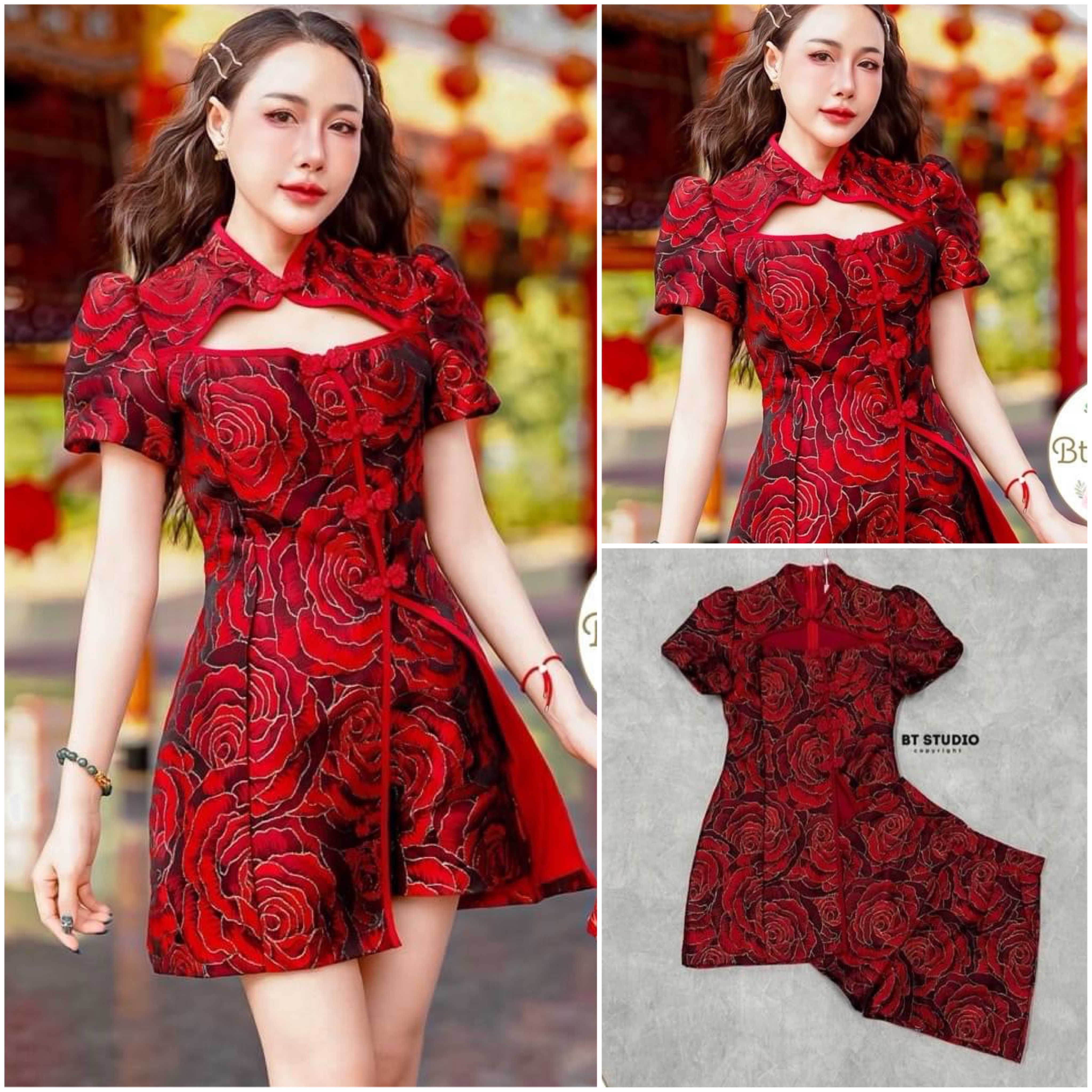 เซท 2 ชิ้น งานผ้าทอลายกุหลาบแต่ง ดิ้นทองกุหลายทอมีไล่สีสวยม๊ากกก เสื้อแขนสั้น แต่งเว้าเนินอกเล็กน้อยแต่งคอจีน ผ่าปลายเสื้อ แมทซ์กับกางเกงขาสั้น สินค้าคุณภาพ (พร้อมส่ง)