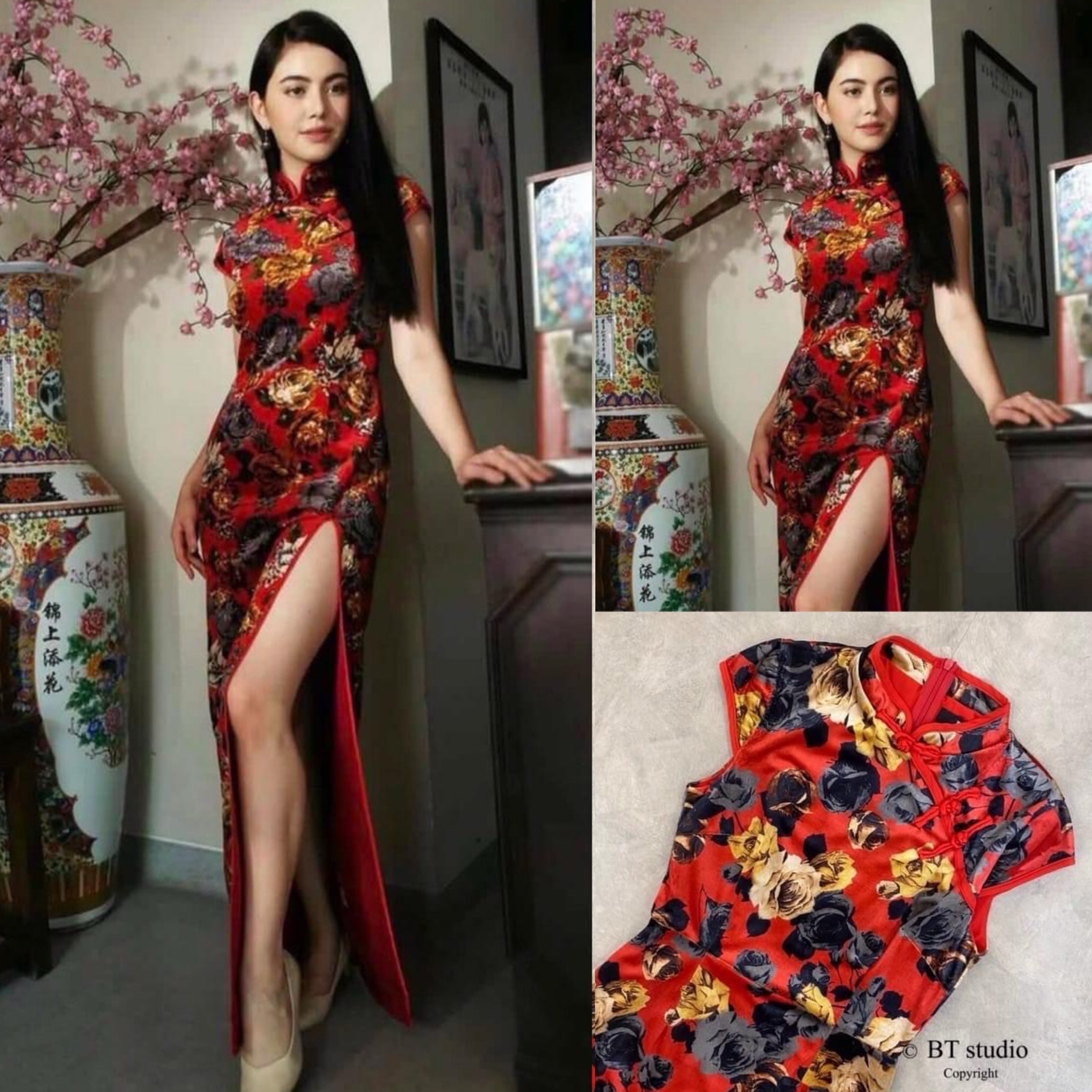 เดรสกี่เพ้าแขนสั้นเต่อ คอจีน แต่งกระดุมจีน ผ้ากำมะหยี่ลายดอกไม้ ผ่าสูง งานสวย หรู ใส่สบาย สินค้าคุณภาพ (พร้อมส่ง)