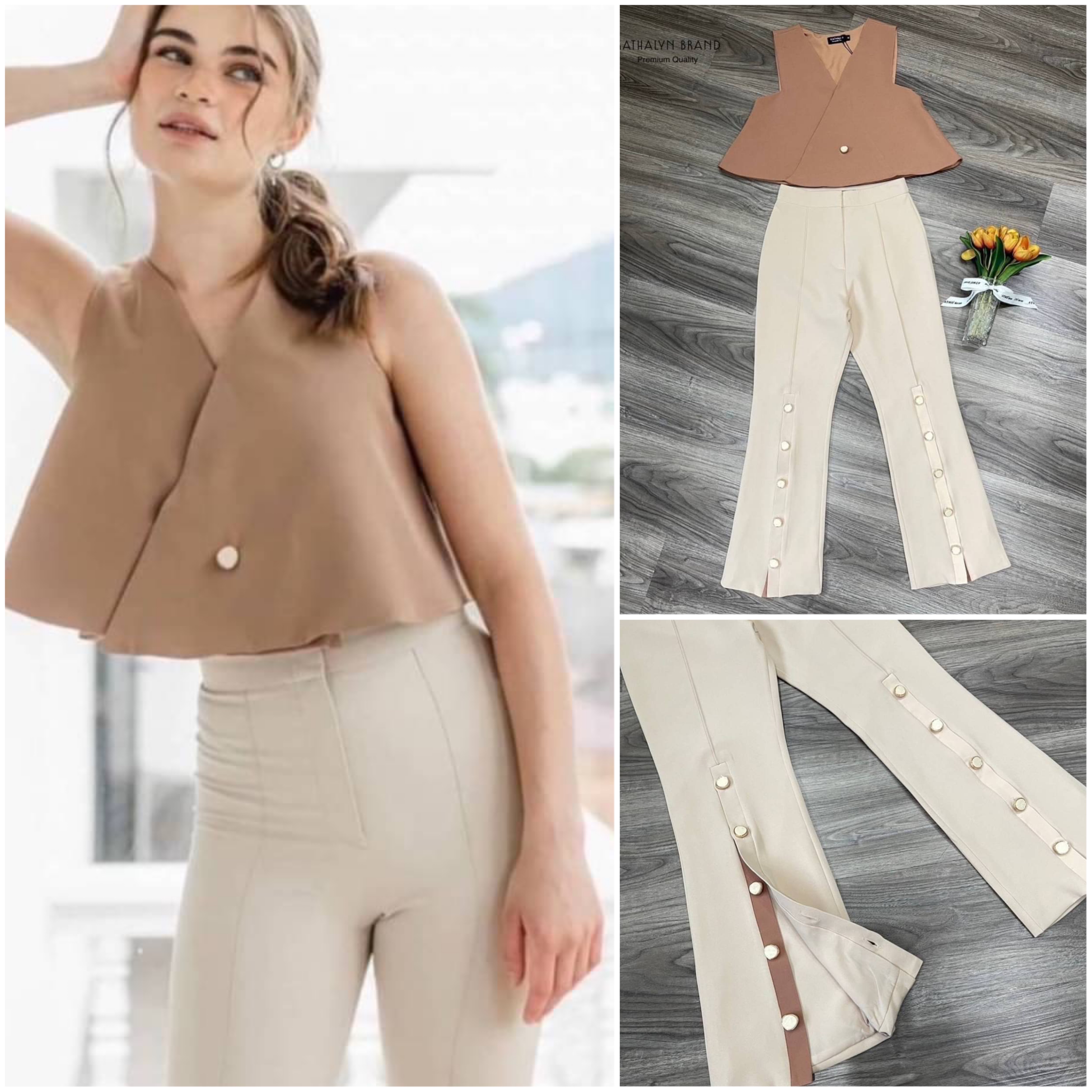 set เสื้อครอปแขนกุด คอวีแบบซ้ายทับขวา ทรงพอดีตัว สีสวยขับผิว มาคู่กับ กางเกงขายาวเอวสูง ปลายขาแต่งกระดุมเพิ่มความเก๋ สินค้าคุณภาพ (พร้อมส่ง)