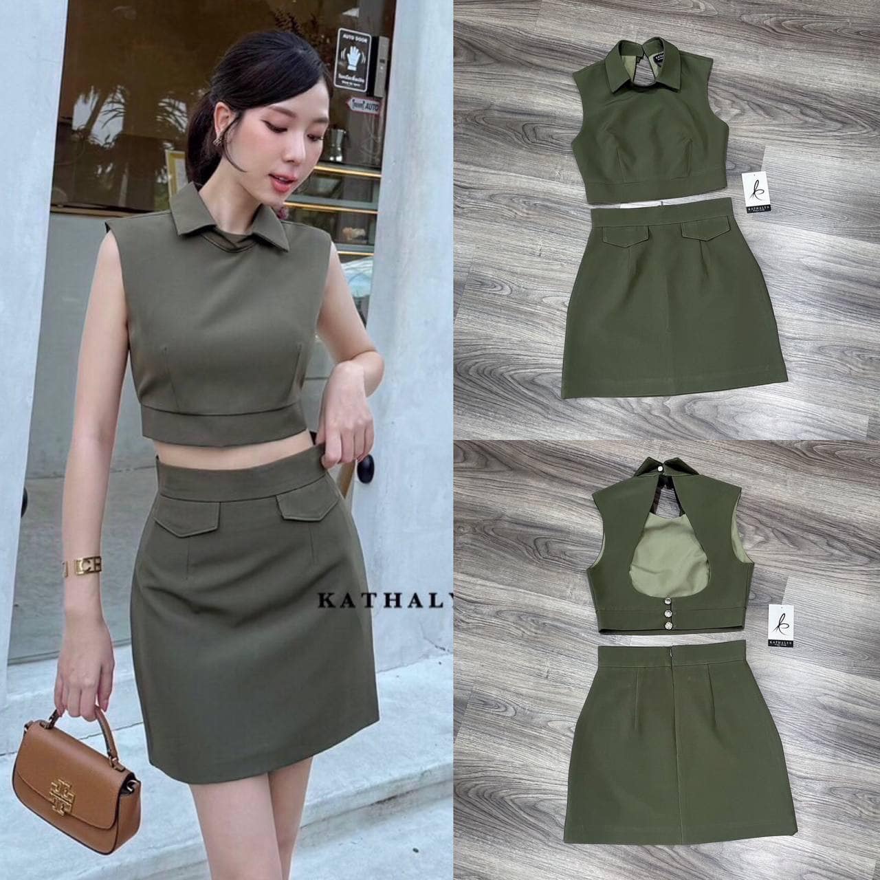 เซต เสื้อครอปสั้นแขนกุด แต่งคอปกดีไซน์เก๋ ทรงพอดีตัวใส่กำลังสวย สีสวยขับผิวเนื้อผ้าดีมีน้ำหนัก ด้านหลังแต่งเว้าสวยเซ็กซี่หรูหรา แมทช์คู่กับกระโปรงเอวสูง ใส่สบาย : สินค้าคุณภาพ (พร้อมส่ง)