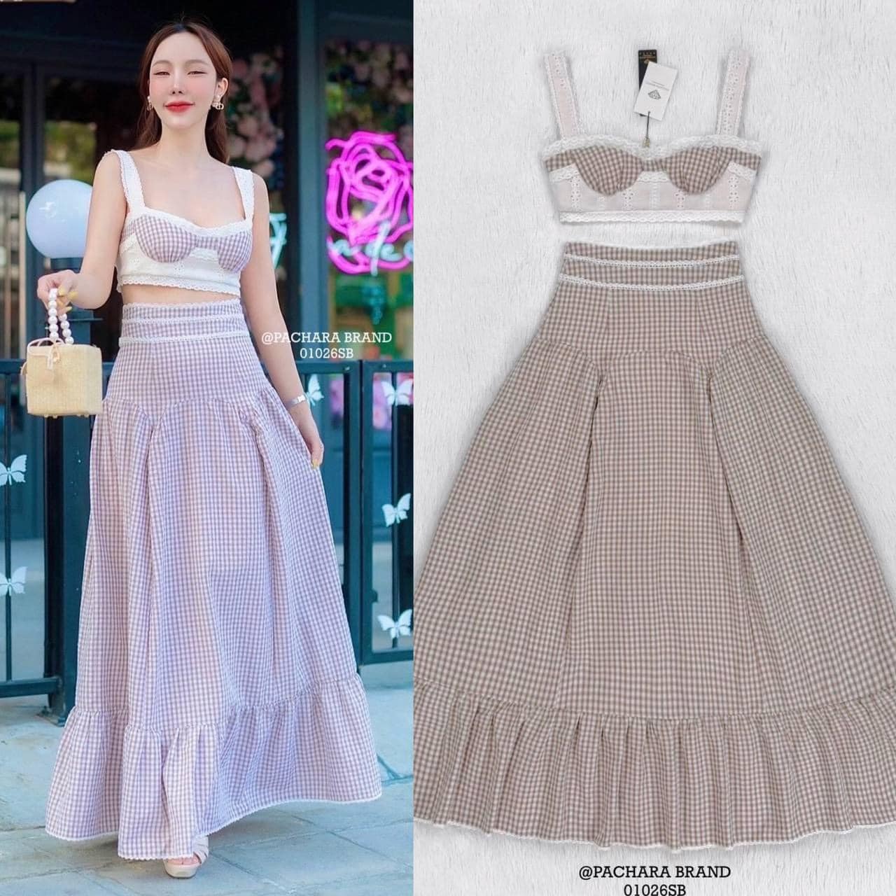 เซ็ต 2 ชิ้น เสื้อครอปสายเดี่ยวสีน้ำตาลลายสก็อต ตัดต่อผ้าสีขาวฉลุลาย มีฟองน้ำดันทรงสวย แมทช์คู่กับกระโปรงเอวสูงชายกระโปรงบาน สินค้าคุณภาพ (พร้อมส่ง)