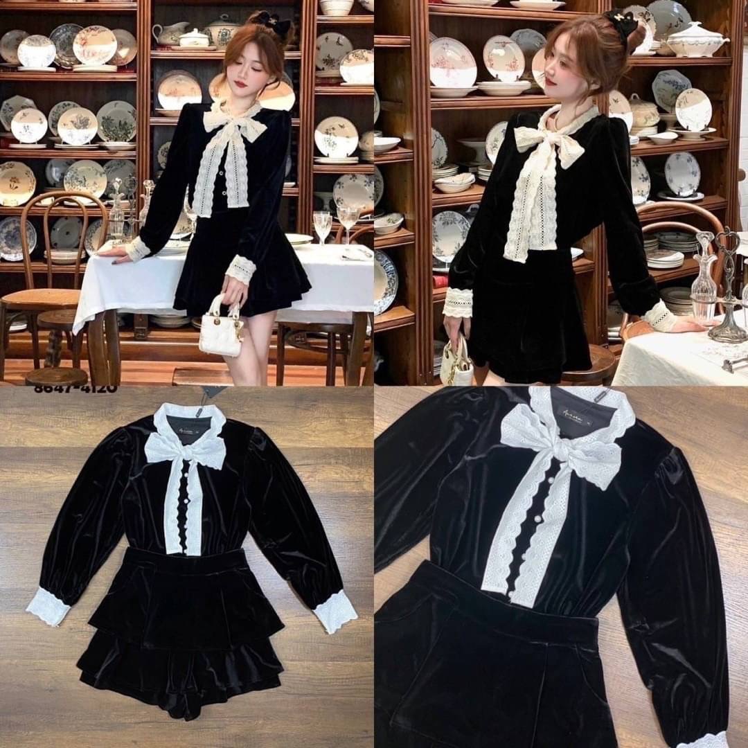 Set เสื้องานคล้ายสักกะหลาด งานแต่งแถบลูกไม้ผ้าฉลุ ทรงปล่อยๆ + กางเกงกระโปรงสั้น ใส่สบาย : สินค้าคุณภาพ (พร้อมส่ง)