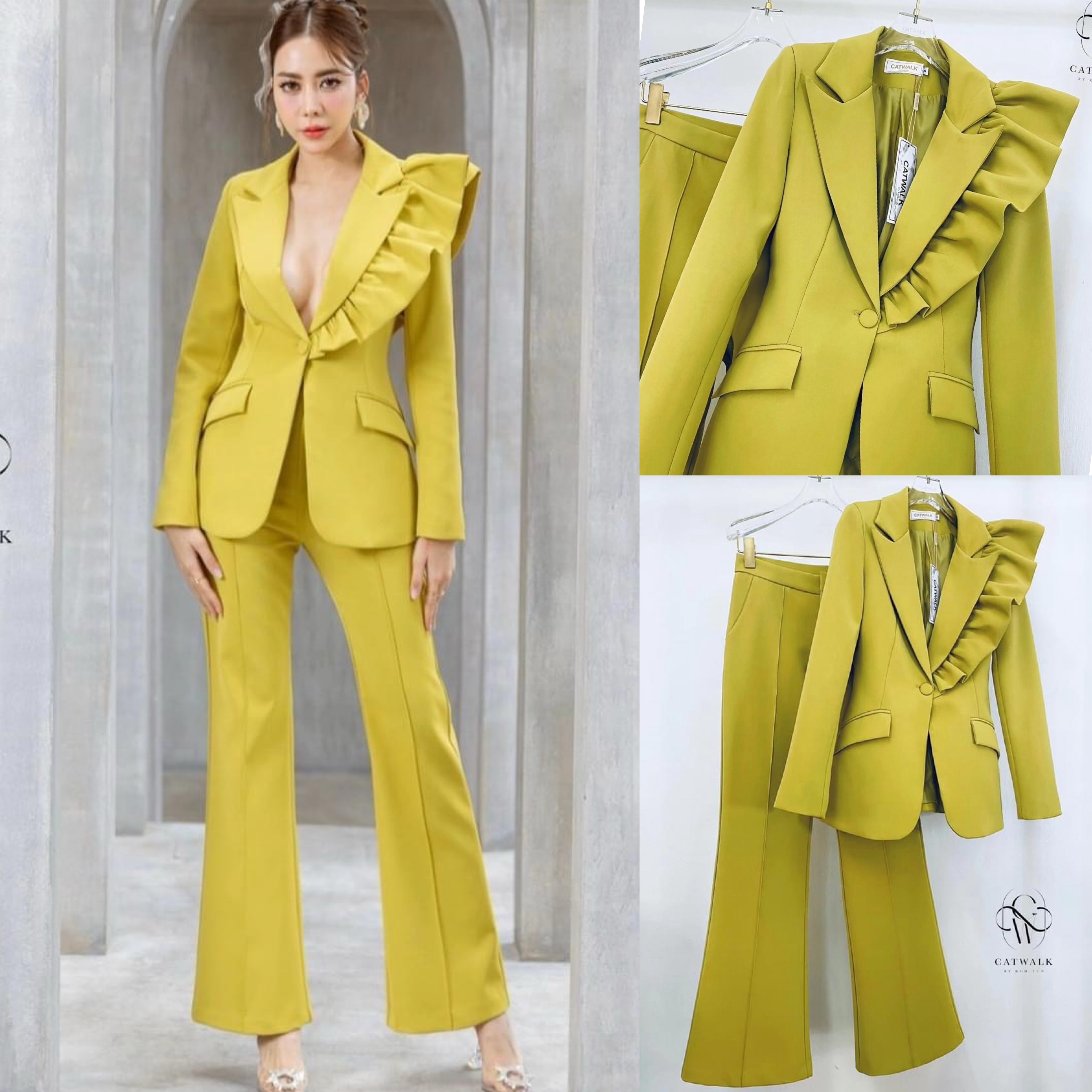 Setสูทแต่งระบายไหล่ข้างเดียว+กางเกงขายาว ทรงสวย ใส่สบาย สินค้าคุณภาพ (พร้อมส่ง)