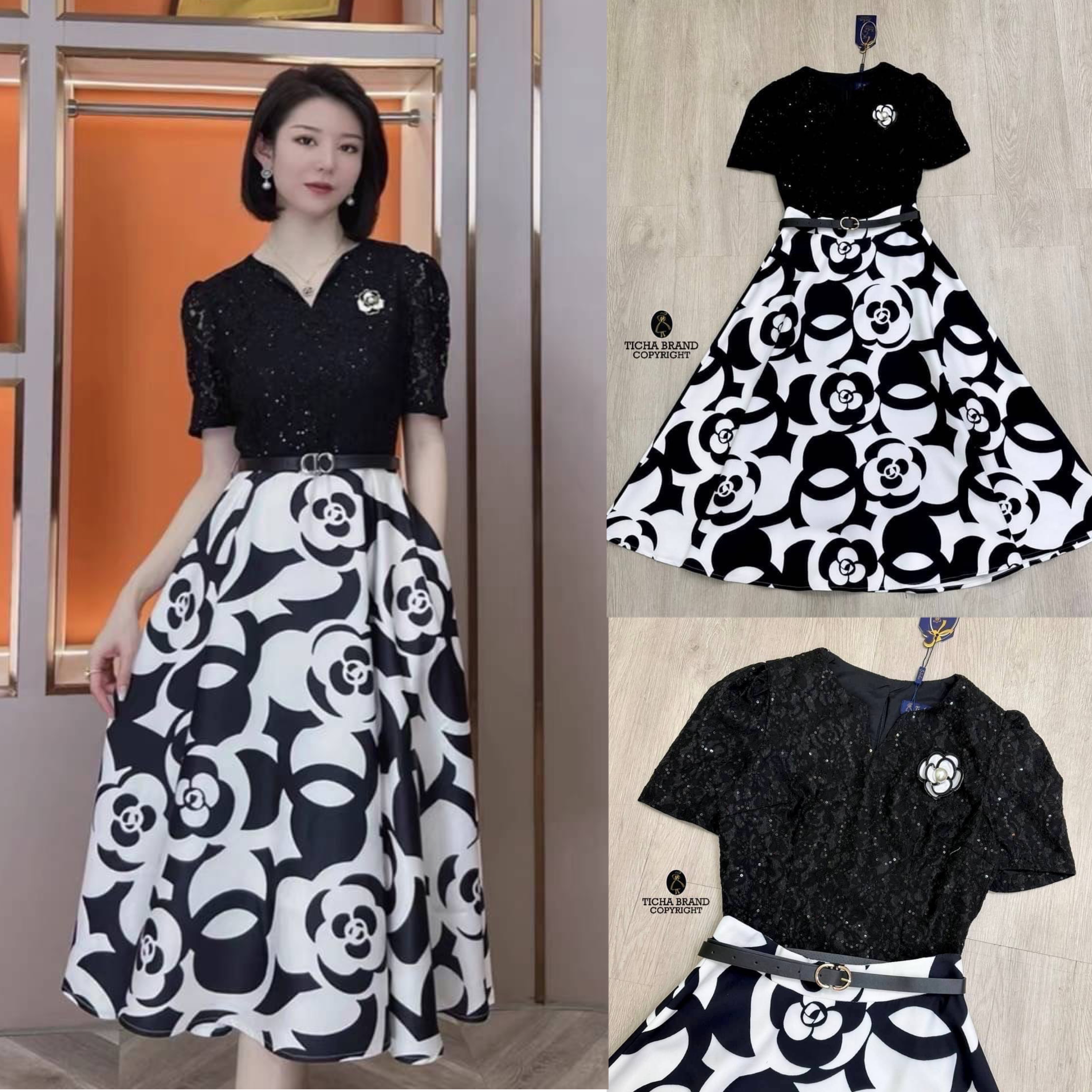 Set 2 ชิ้น เสื้อสีดำเนื้อผ้าลูกไม้แขนสั้น ซับในทั้งตัว แต่งอะไหล่เข็มกลัดดอกไม้ มาพร้อมกับกระโปรงยาวคลุมเข่าทรงพอง มีซิปด้านหลัง ผ้าลายดอกกุหลาบกราฟิกสวยมาก ซับในยาว และยังมีเข็มขัดหนังสีดำอีกเส้น สินค้าคุณภาพ (พร้อมส่ง)