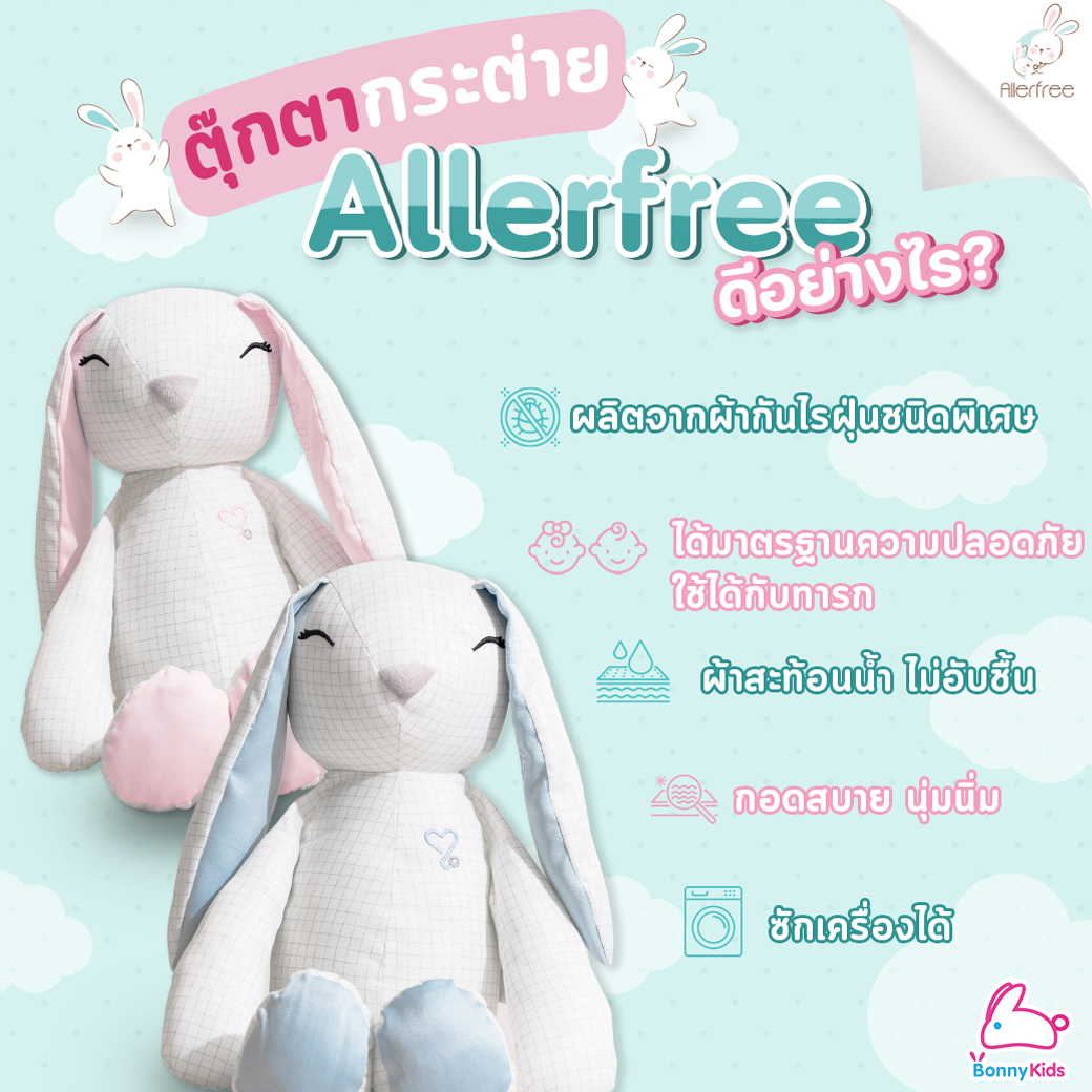Allerfree (อัลเลอร์ฟรี) ตุ๊กตากันไรฝุ่น มาตรฐาน OEKOTEX-100 ไม่สะสมแบคทีเรีย เชื้อโรคและเชื้อรา