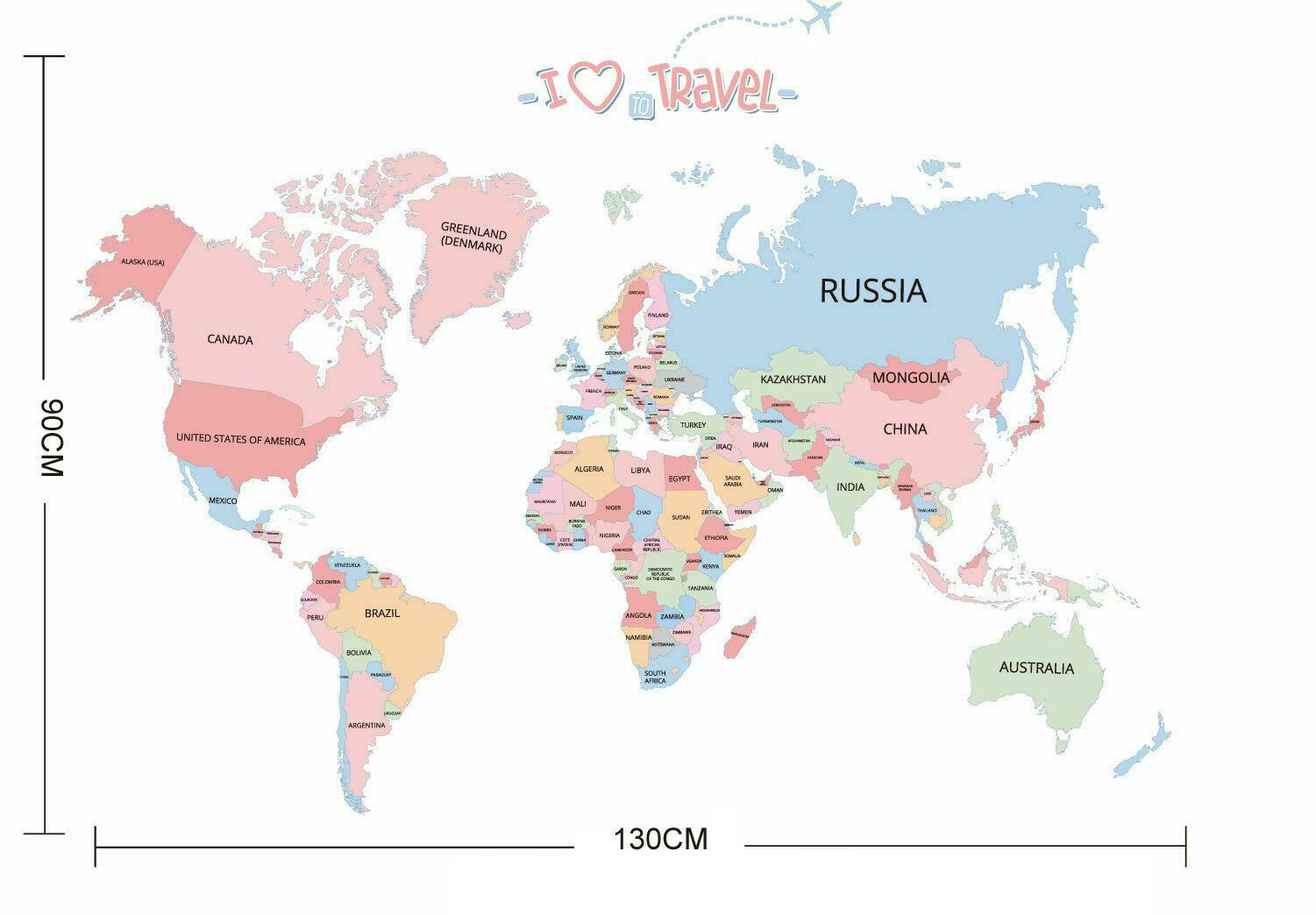 สติ๊กเกอร์แต่งห้อง DIY รูปแผนที่โลก I ♥ Travel ลอกออกแล้วติดซ้ำได้