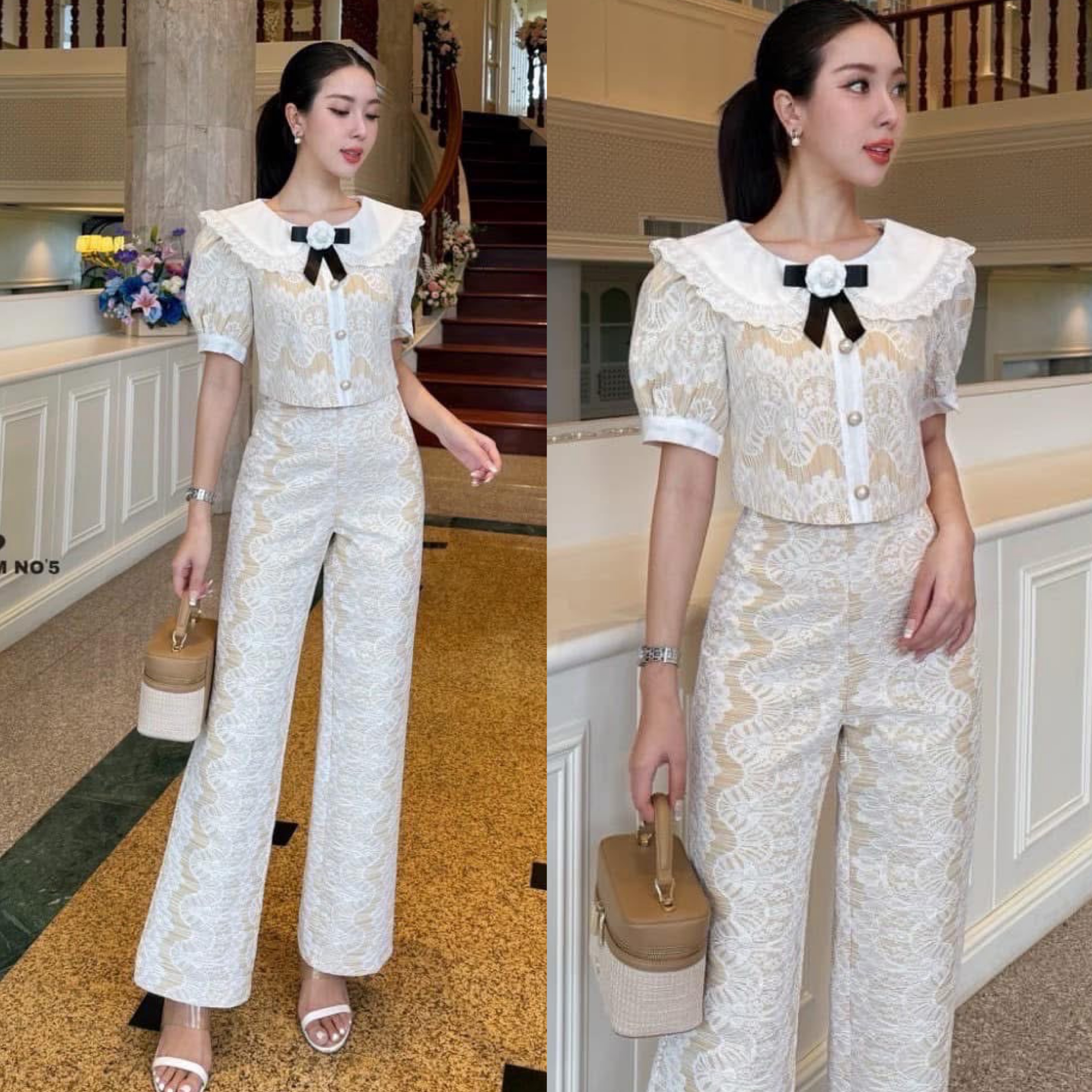 ชุดเซต เสื้อ+กางเกงขายาว+ เข็มกลัดคามิเลีย ใส่สบาย : สินค้าคุณภาพ (พร้อมส่ง)