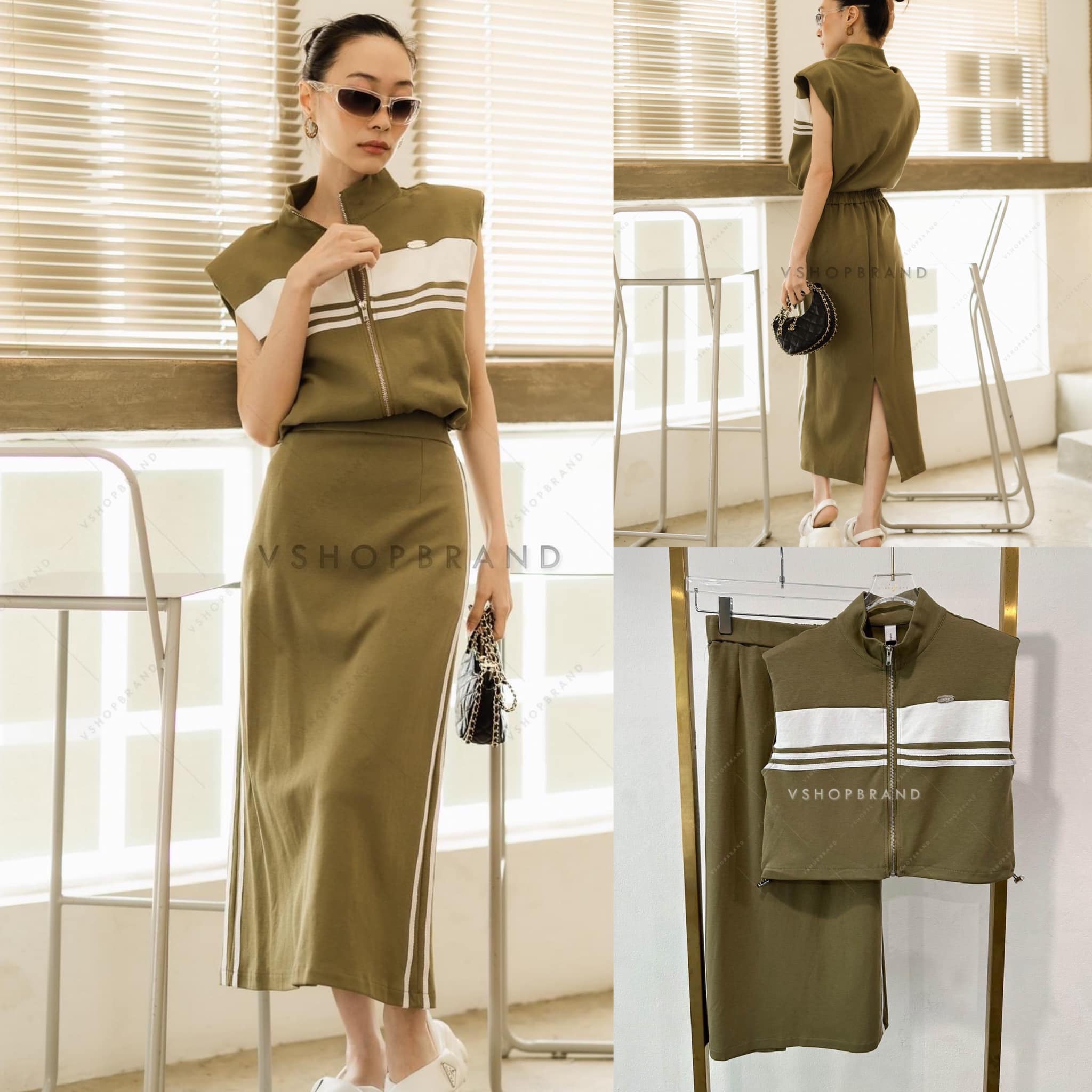 SET เสื้อแขนกุดซิปหน้า แถบอก + กระโปรงยาวผ่าหลัง สินค้าคุณภาพ (พร้อมส่ง)