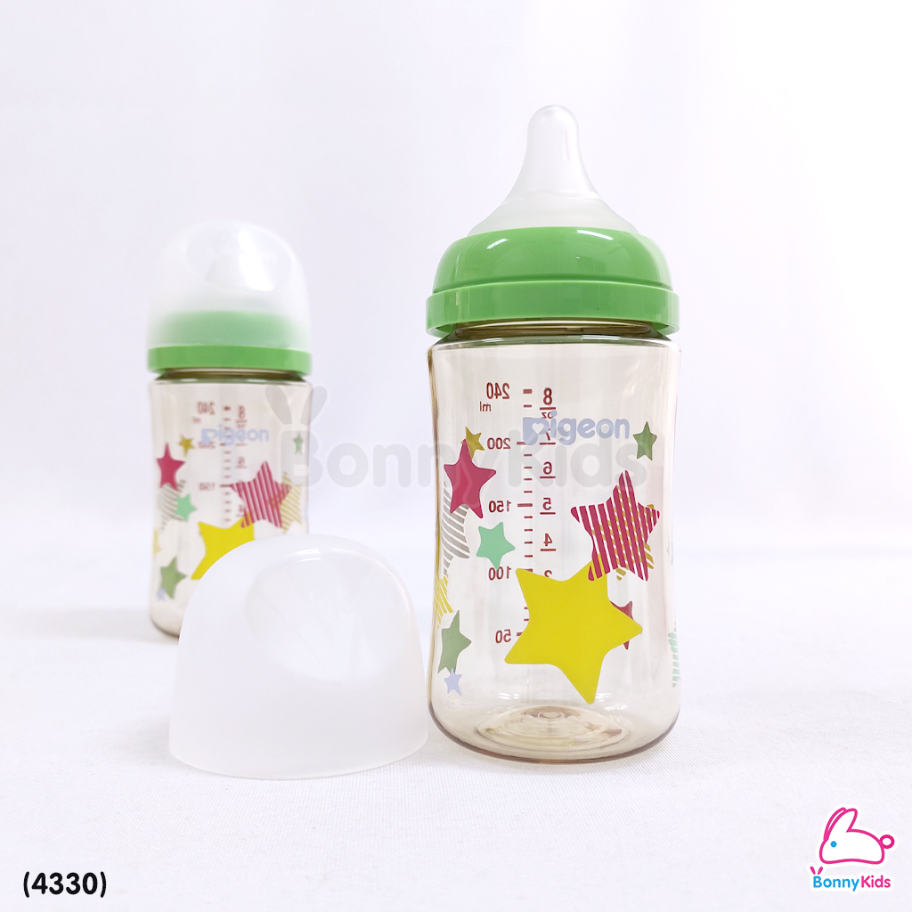 (4330) Pigeon (พีเจ้นท์) SofTouch PPSU ขวดคอกว้างสีชา 8oz แพ็ค 2 ขวด ลาย allstar (3m+)