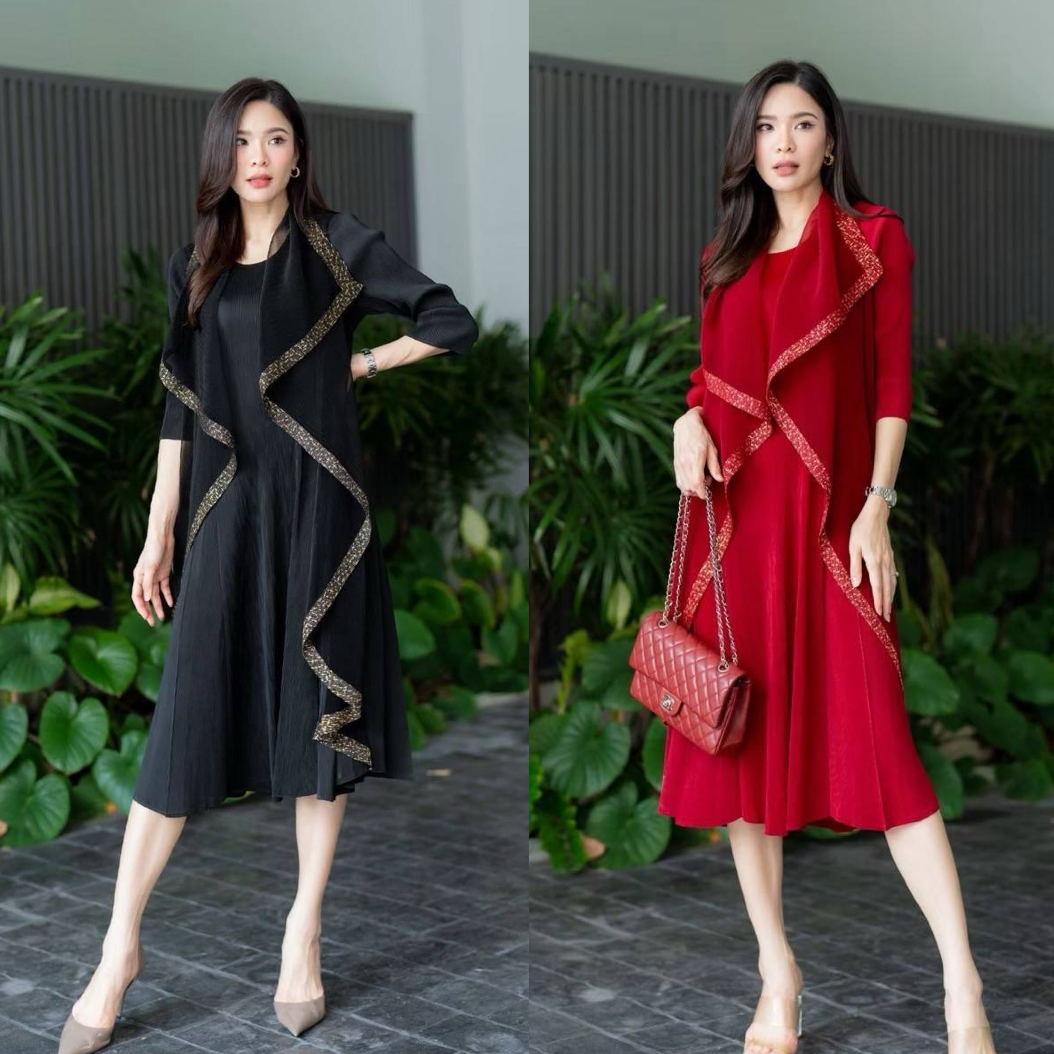 เดรสอัดพลีท ทรงแขนยาว เย็บแต่งเสื้อคลุม ผ้าบางซีทรูปกใหญ่ ซ้อนไปในตัว ประหนึ่ง2 in1 💫💫 ทั้งเดรส และเสื้อคลุมในตัว ใส่สบาย : สินค้าคุณภาพ (พร้อมส่ง)