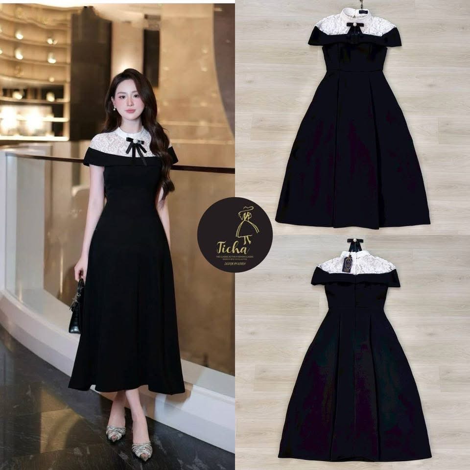 เดรสยาวสีดำคอตั้งแขนกุด ดีเทลช่วงอกแต่งผ้าลูกไม้สีขาวซีทรูคลุมไหล่ ตัวกระโปรงแต่งจับจีบคลายๆ มีกระเป๋าทั้ง 2 ใช้งานได้จริง มีชับใน +เข็มกลัดริบบิ้นโบสีดำติดมุข ใส่สบาย : สินค้าคุณภาพ (พร้อมส่ง)