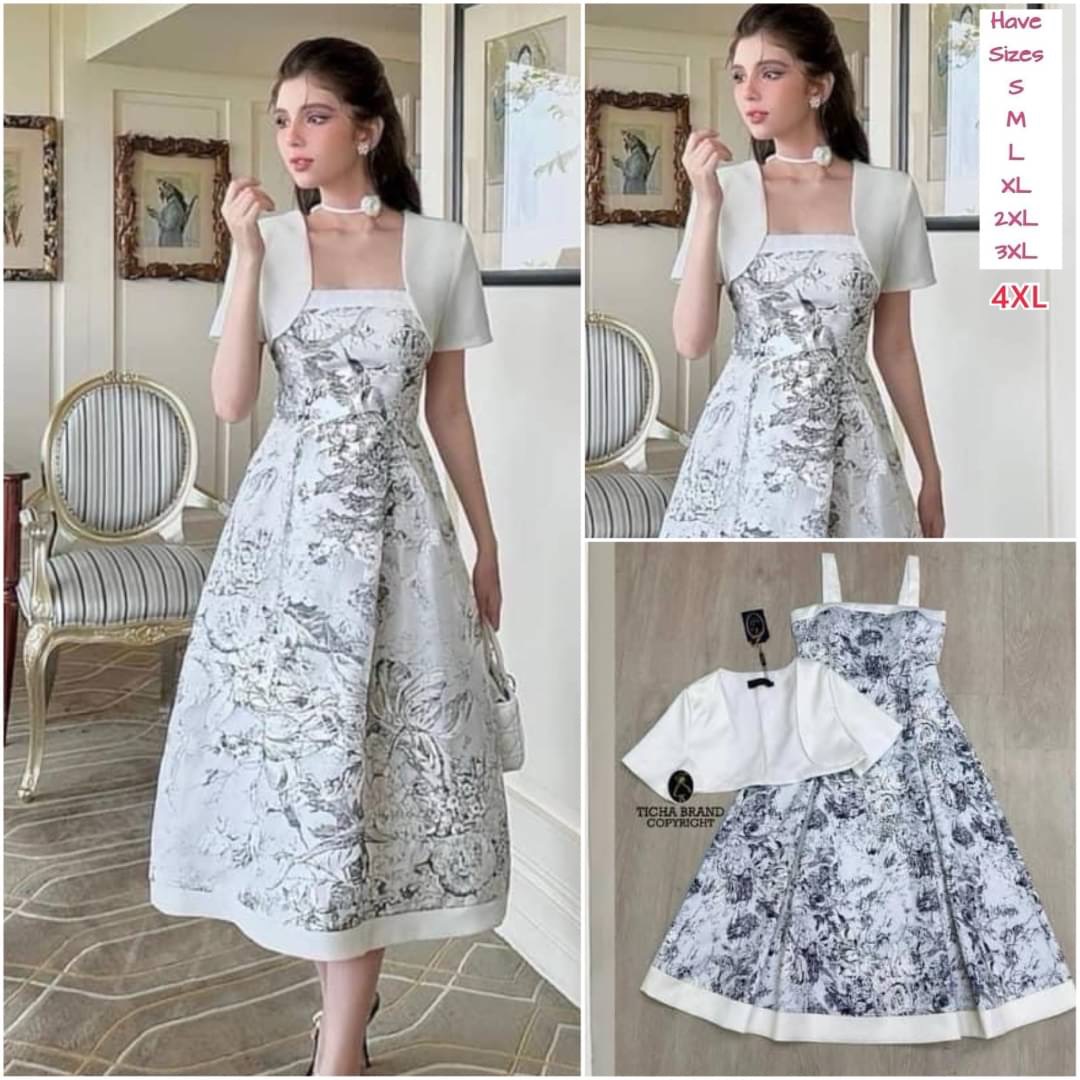 ชุดset2ชิ้น เดรสสายเดี่ยว พิมพ์ลายดอกไม้ แต่งกุ๊นขาว อกเย็บเสริมฟองน้ำ งานซิปหลัง +เสื้อคลุมไหล่ตัวสั้นดีไซน์น่ารักใส่สบาย สินค้าคุณภาพ (พร้อมส่ง)