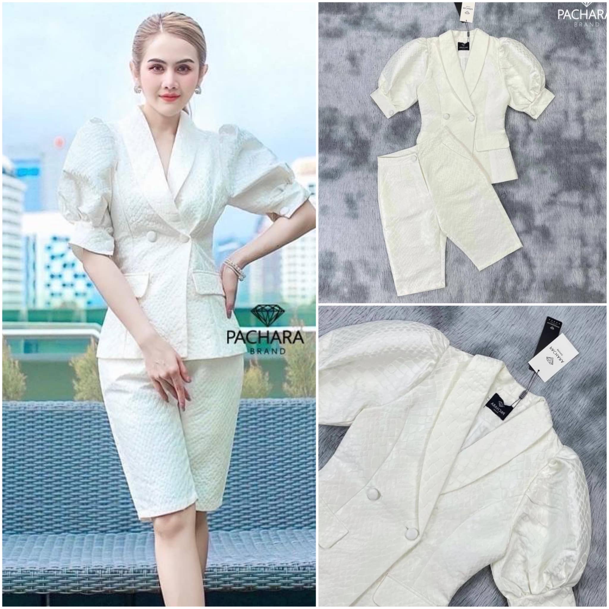 เซ็ต 2 ชิ้น เสื้อคอปกแขนพองจับจีบสีขาว เนื้อผ้าหนาทอลายเกล็ดงูสวยมาก แมทช์คู่กับ กางเกงขาสี่ส่วนเอวสูง มีซับในอัดกาวอย่างดี สินค้าคุณภาพ (พร้อมส่ง)