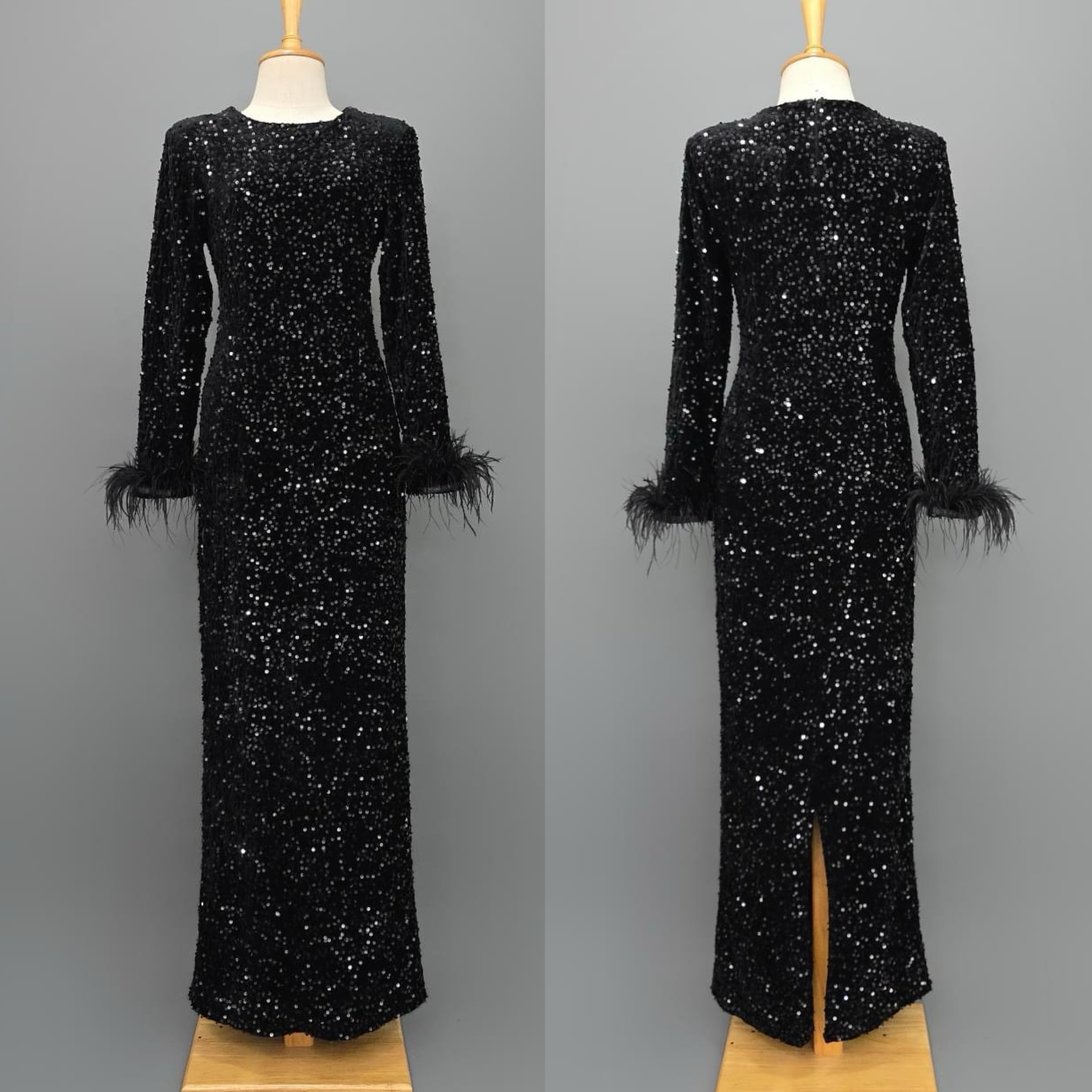 เดรสตัวยาว คอกลมแขนยาว แพทเทิร์น ทรงสวย ปลายแขนแต่งด้วยขนนก ปักเลื่อมเล่นแสงระยิบระยับทั้งตัว มีซิปซ่อนและซับในเต็มตัวค่ะ ใส่สบาย : สินค้าคุณภาพ (พร้อมส่ง)