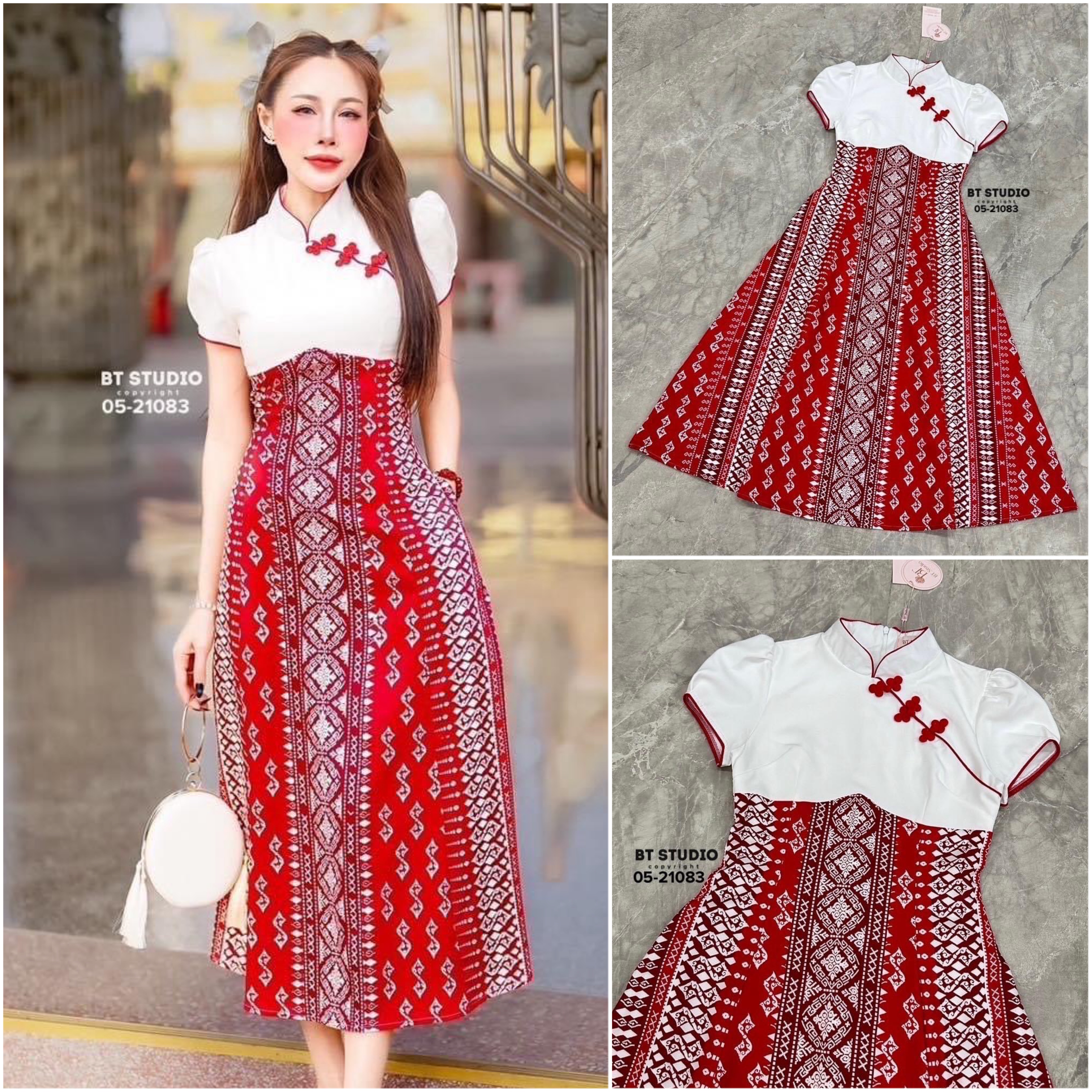 เดรสยาวคลุมเข่าแขนสั้น คอจีน ช่วงบนสีขาว แต่งเฉียงติดกระดุมจีน ตัวล่างแต่งผ้าถุงประยุกต์ มีซับใน ใส่สบาย สินค้าคุณภาพ (พร้อมส่ง)