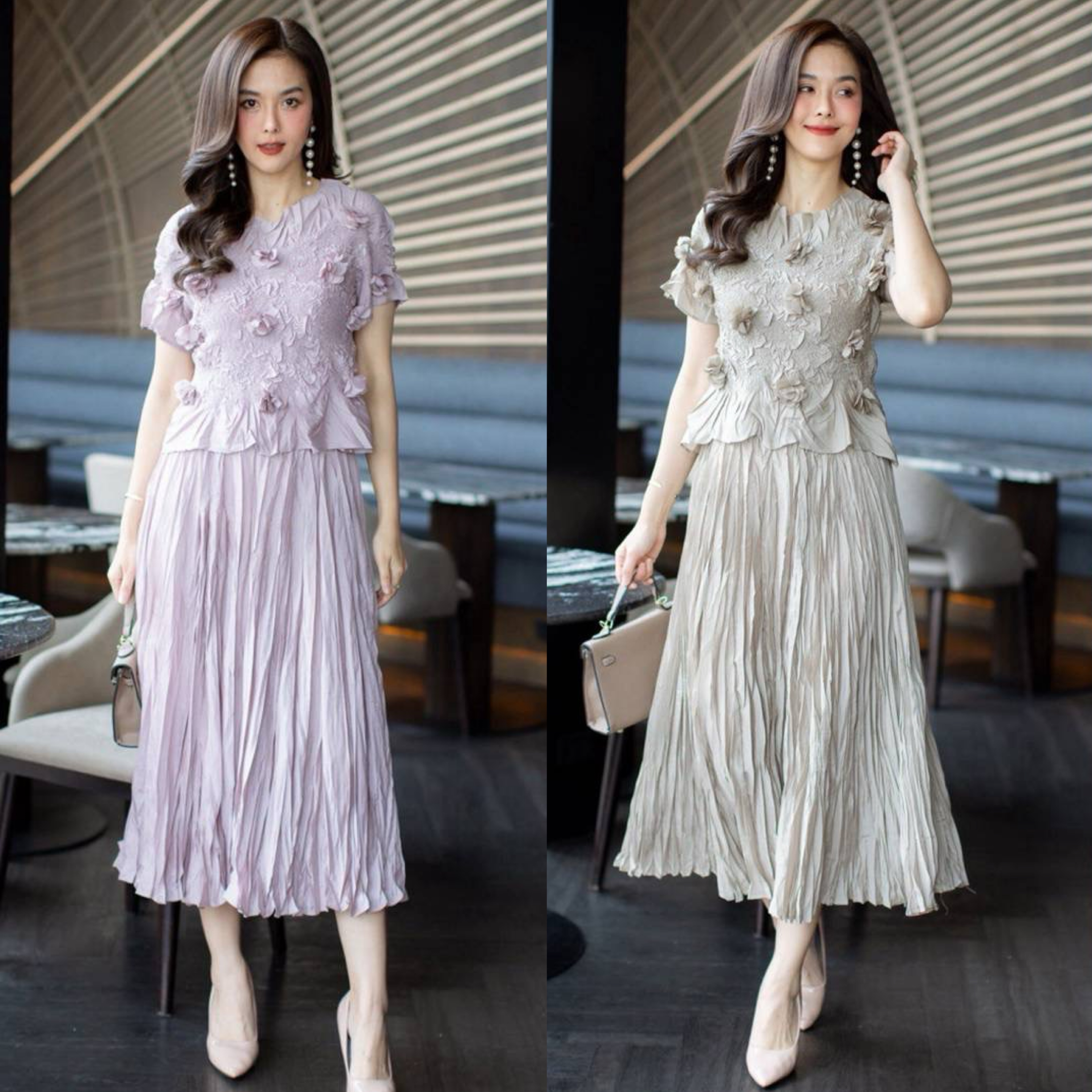 ชุดเซ็ทเสื้อ+กระโปรงอัดพลีทเปลือกไม้สุดเก๋ ใส่สบาย : สินค้าคุณภาพ (พร้อมส่ง)