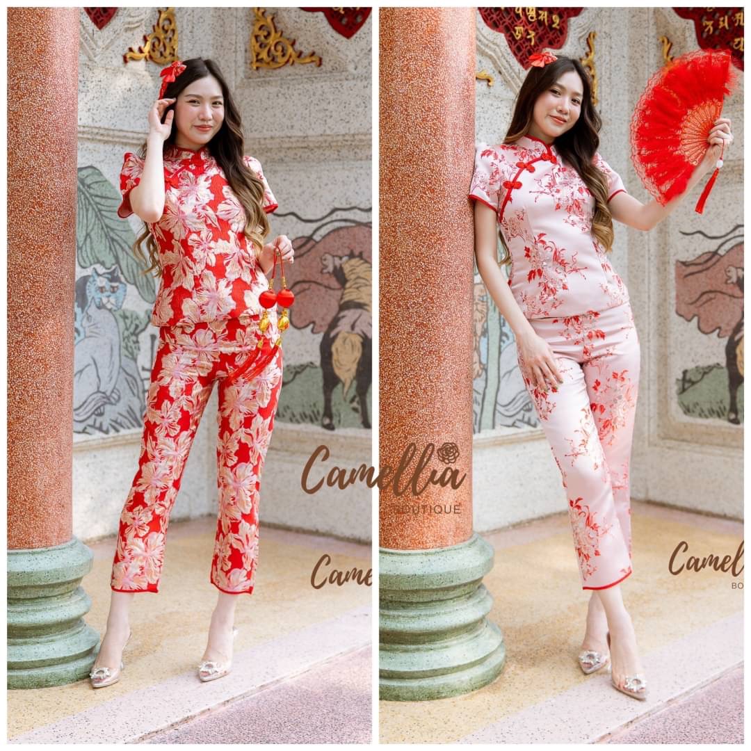 ชุดSetเสื้อคอจีนผ้าทอลายสวยหรูมากคะ มาพร้อมกางเกงยาว9 ส่วน ใส่สบาย : สินค้าคุณภาพ (พร้อมส่ง)