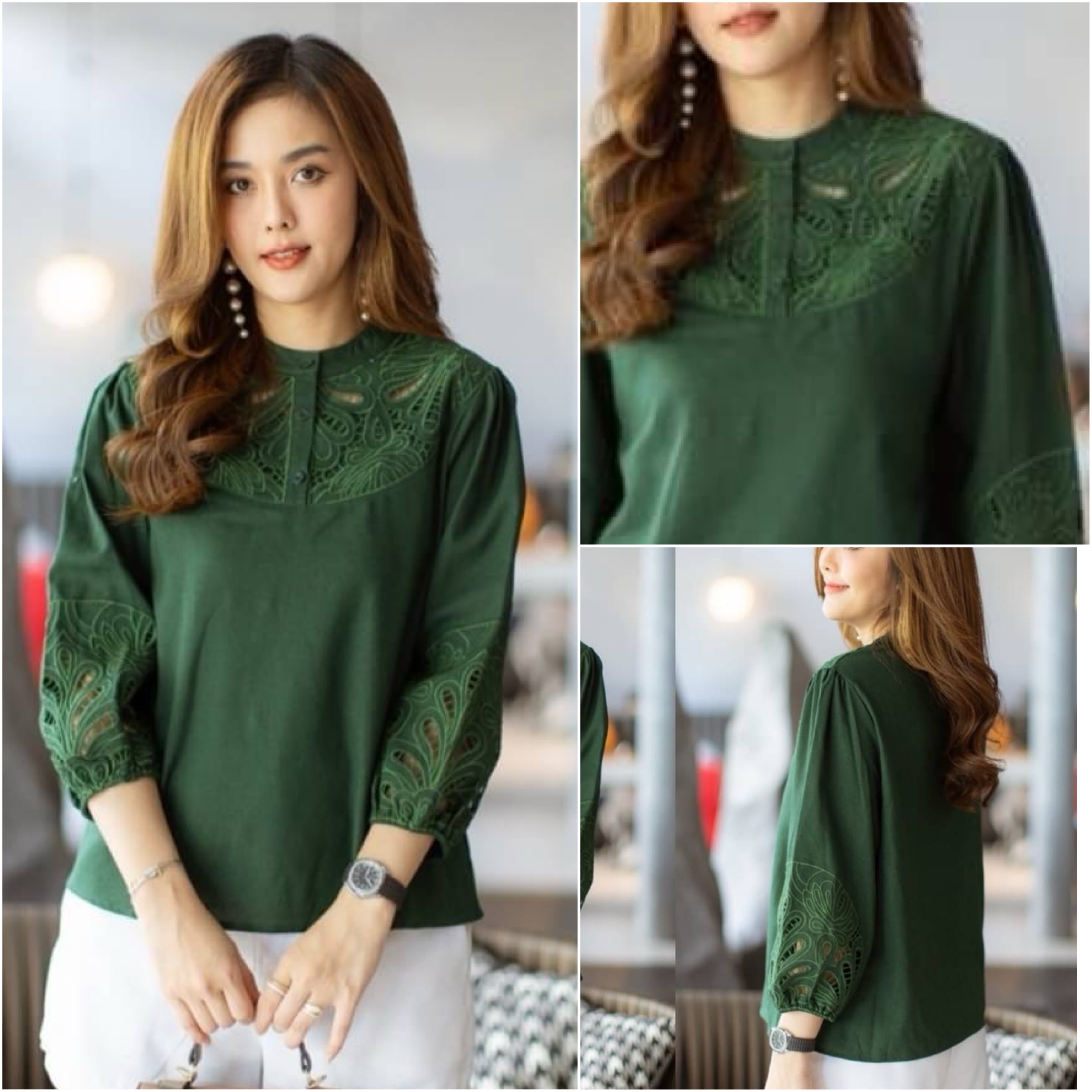 เสื้อลินิน ปักเจาะฉลุ ขอบแขนใส่ยางยืดยืด ได้เยอะค่ะ ใส่สบาย : สินค้าคุณภาพ (พร้อมส่ง)
