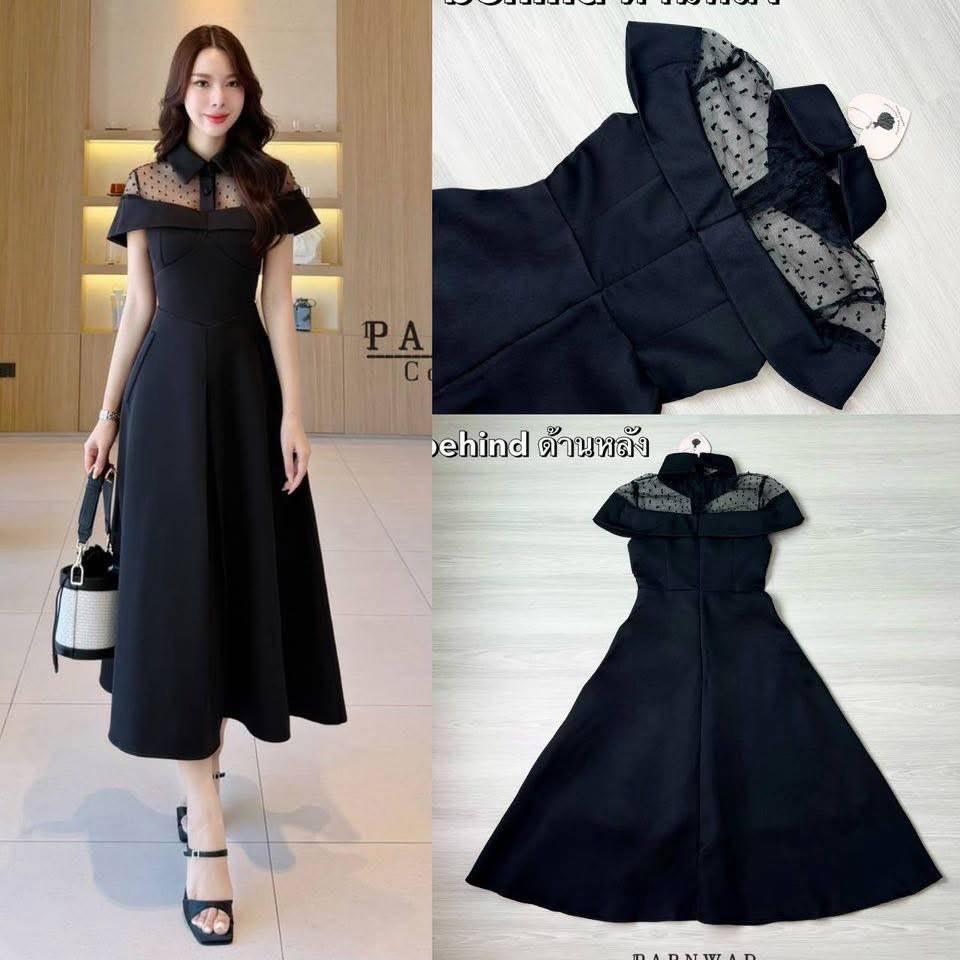 เดรสคอปกตัวยาว ช่วงอกแต่งซีทรูคลุมไหล่ หน้าอกเสริมฟองน้ำ ซับในทั้งชุด ใส่สบาย : สินค้าคุณภาพ (พร้อมส่ง)