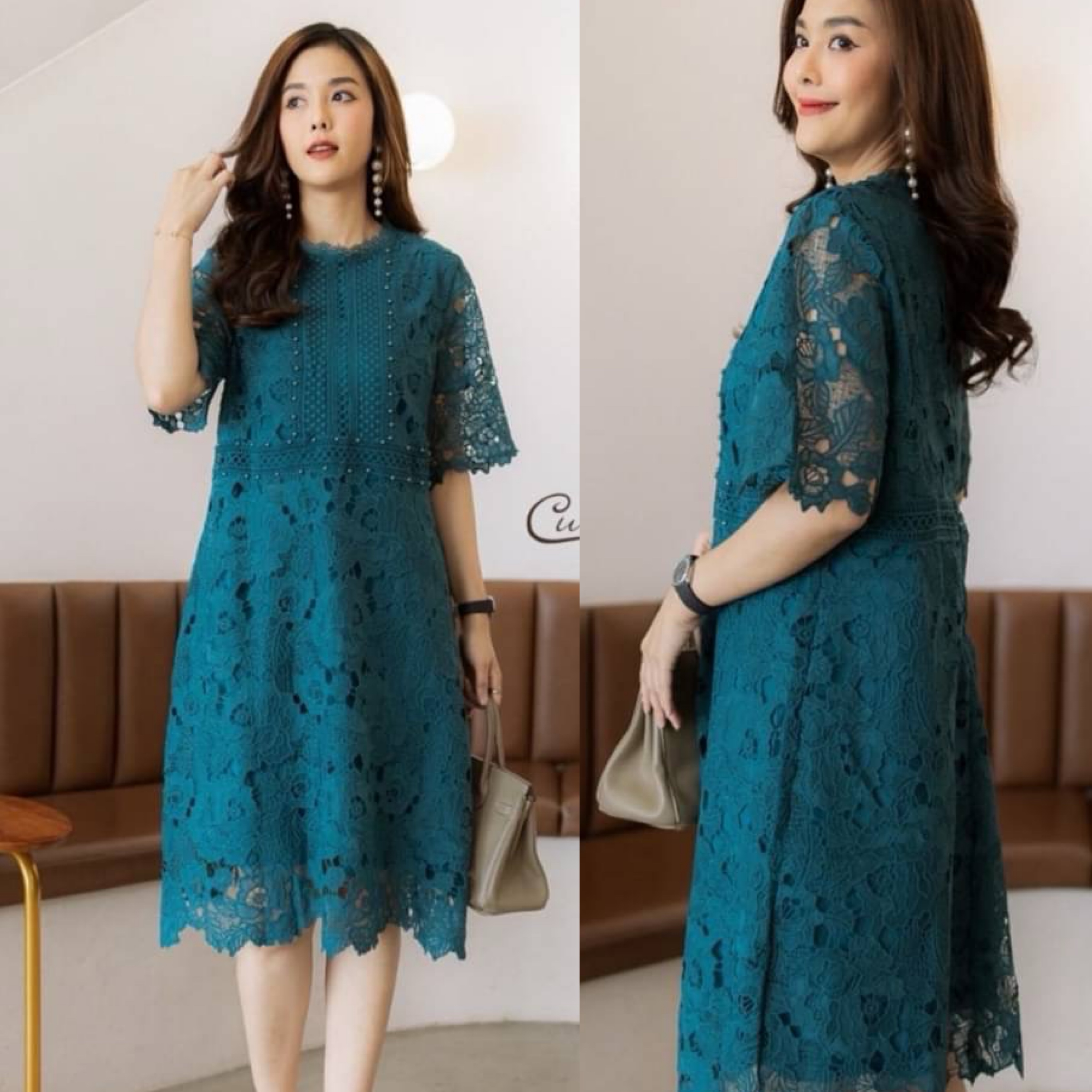 เดรสลูกไม้ มีซิบซ่อนหลัง ใช้ลูกไม้คนละลาย วางตัดกันได้อย่างลงตัว ตอกมุกสีเดียวกับชุด มีซับในทั้งตัว ใส่สบาย : สินค้าคุณภาพ (พร้อมส่ง)