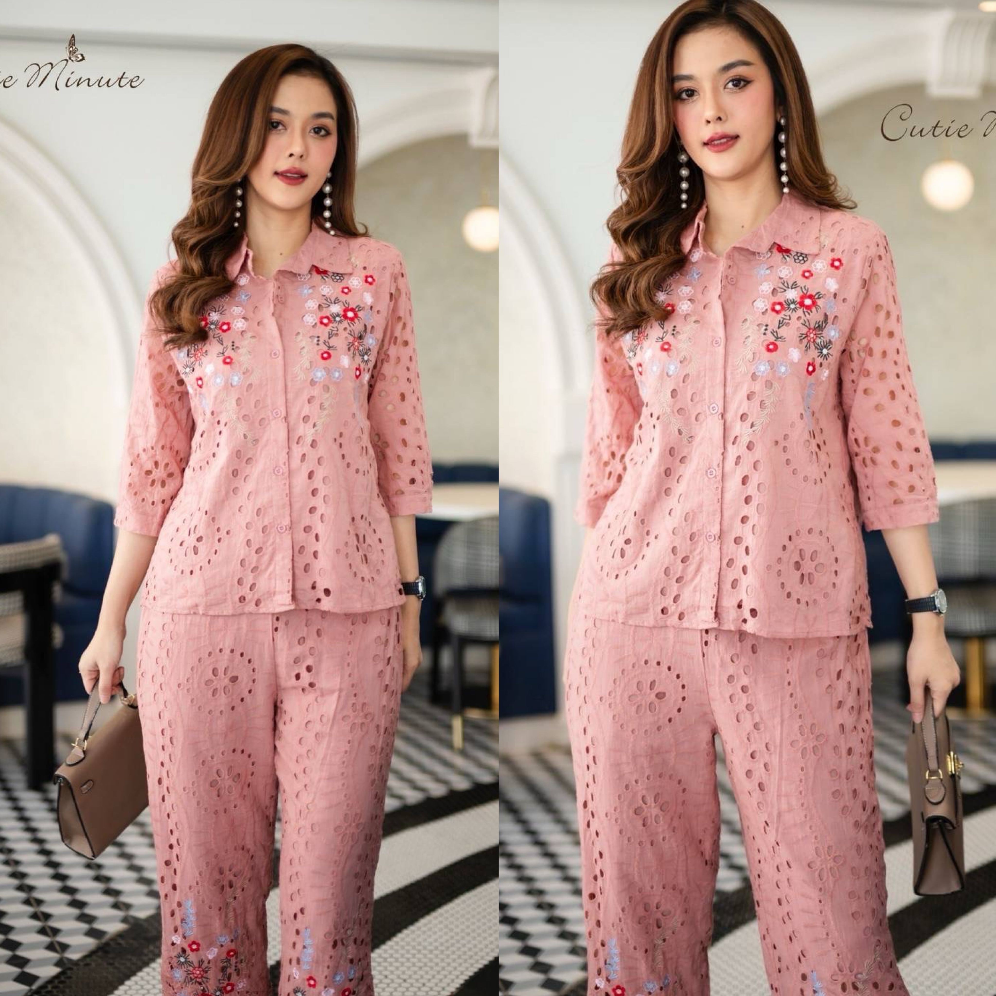 ชุดเซ็ทผ้าป่านปักฉลุ ปักดอกไม้ที่เสื้อและกางเกง เสื้อ-กางเกงมีซับใน ใส่สบาย : สินค้าคุณภาพ (พร้อมส่ง)