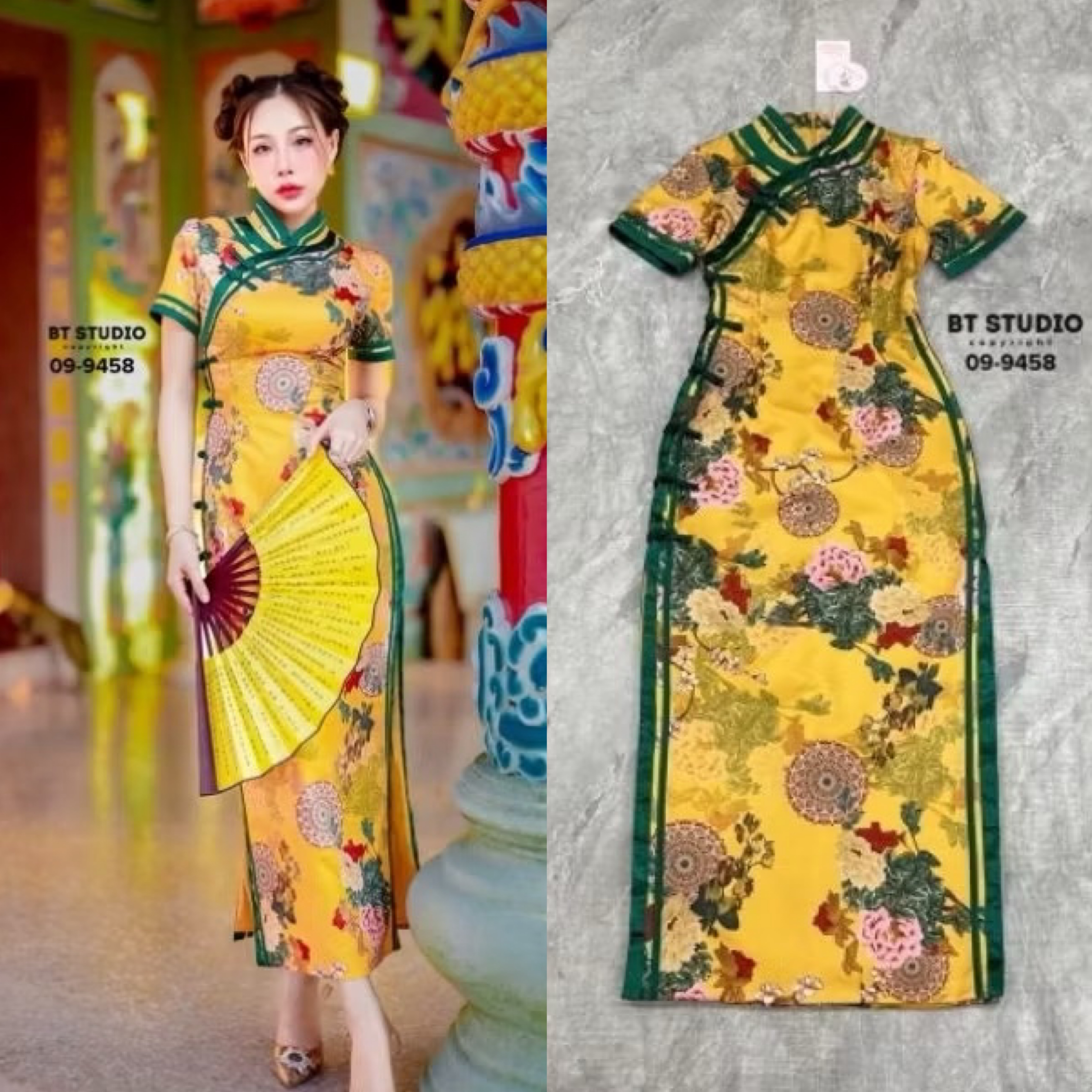 เดรสกี่เพ้าคอจีนแต่งกระดุมและกุ้นแทบจีน ตัดลายผ้าลายดอกไม้ งานสวย หรู ดูแพง คัตติ๊งสวยมาก ๆ ค่ะ ใส่สบาย : สินค้าคุณภาพ (พร้อมส่ง)