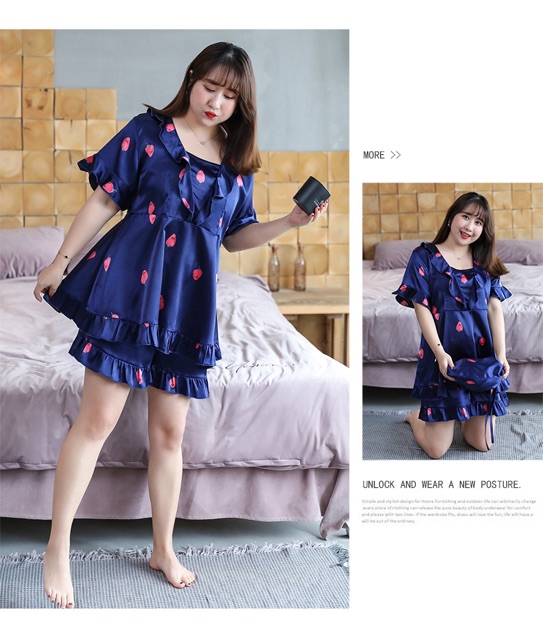 ชุดนอนไซส์ใหญ่ 3XL - 4XL ชุดนอนผ้าซาตินไซส์ใหญ่ ชุดนอนสาวอวบ ชุดนอนคนอ้วน นำเข้าเกาหลี ลายวตรอเบอร์รี่ FF0026NA