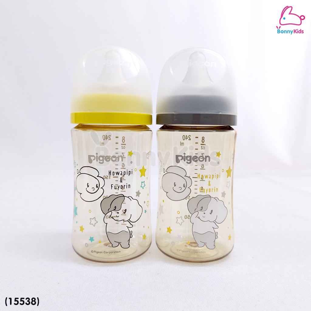 (15538) Pigeon (พีเจ้นท์) SofTouch PPSU ขวดคอกว้างสีชา 8oz แพ็ค 2 ขวด ลาย Howapipi (3m+)