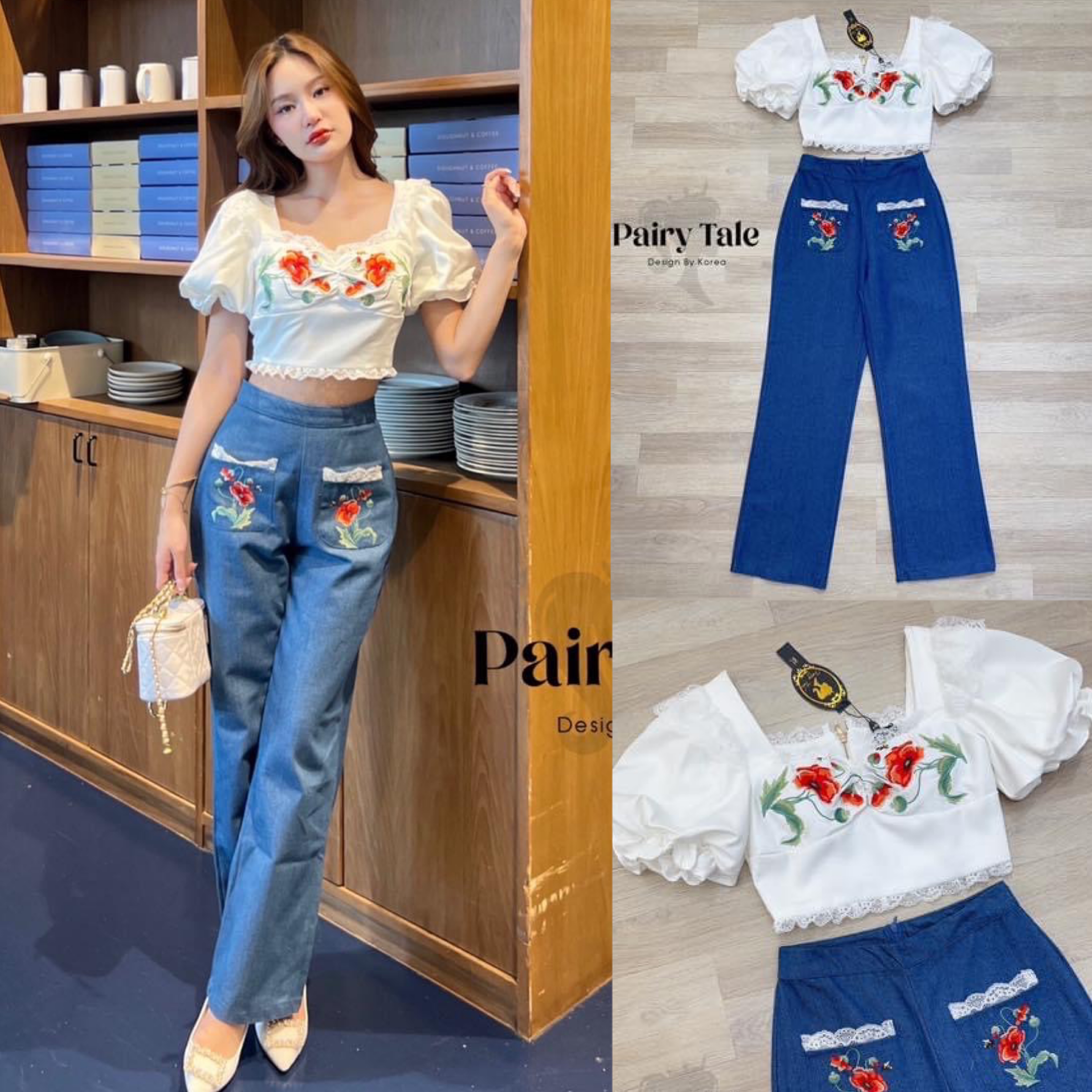 Set เสื้อแขนพองสีขาวหน้าอกปักบายดอกไม้แต่งลูกไม้ระบายเล็กๆ แมตกางเกงผ้ายีนผสมแต่งกระเป๋า ปักลายด้านหน้า สินค้าคุณภาพ (พร้อมส่ง)