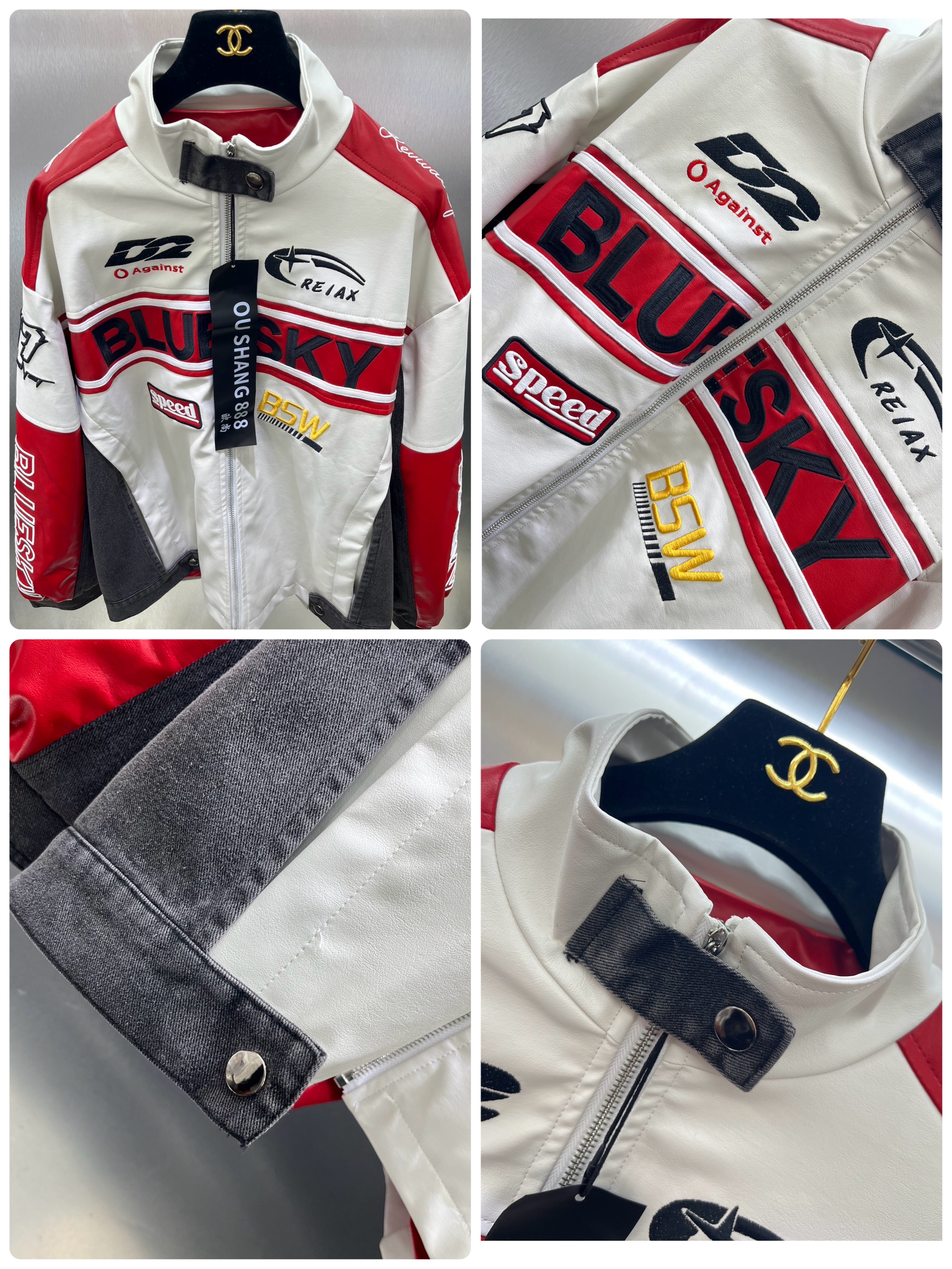 แจ็คเก็ตกึ่งหนัง ปักลาย Racing สวย สปอร์ต เท่ห์ รุ่น Unisex งานสวยขายดีมาก รุ่นนี้ผสมหนัง งานสวยมาก.. ใส่สบาย : สินค้าคุณภาพ (พร้อมส่ง)