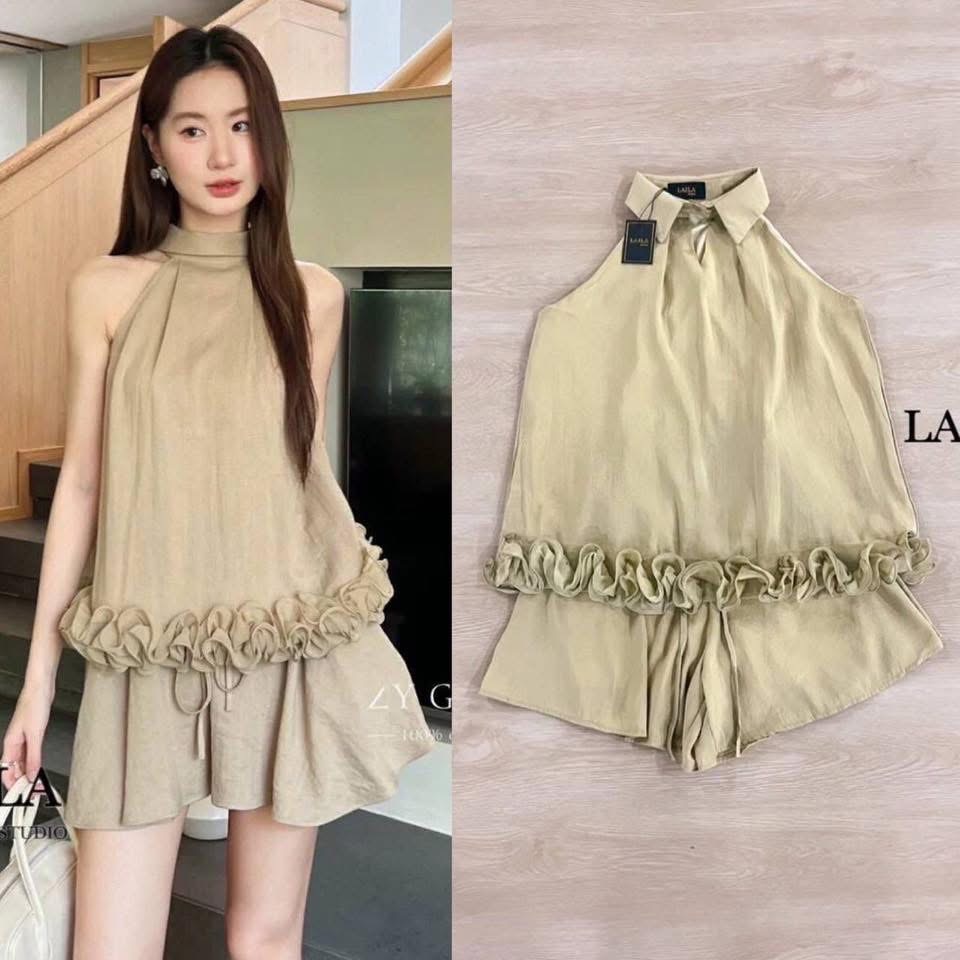 Setเสื้อ+กางเกง เสื้อคอปกงานผ้าชีฟองทรงแขนกุดหลวมสบายๆพริ้วๆ งานแต่งเว้าช่วงอก ปลายขอบเสื้อดีไซน์ระบายๆช่วงขอบ มาพร้อมกางเกงขาสั้น ใส่สบาย : สินค้าคุณภาพ (พร้อมส่ง)
