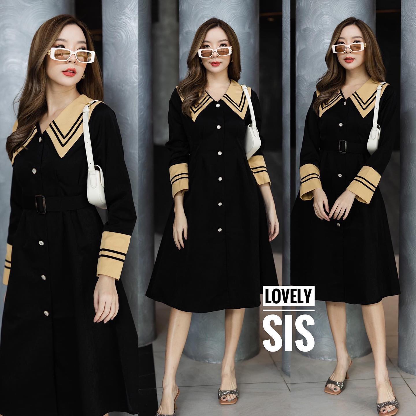 เดรสสีดำคอปกสีเหลืองแต่งลายเส้น กระดุมอะไหล่สวย ชุดมีซับในทั้งตัว มาพร้อมเข็มขัดแยกชิ้น สินค้าคุณภาพ (พร้อมส่ง)