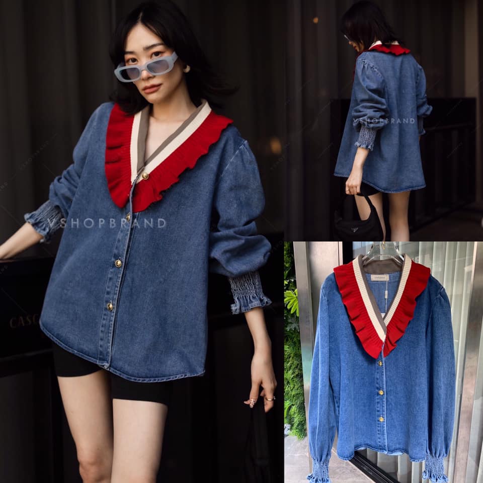 เชิ๊ตยีนส์คอวี กระดุมหน้าแต่งไหมพรมระบายชั้นๆๆ เป็นรุ่นที่แนะนำอีกรุ่นนี้ค่ะ แต่งง่าย เข้าได้ทุกโอกาส ใส่เป็น เสื้อคลุมก็ได้ : สินค้าคุณภาพ (พร้อมส่ง)